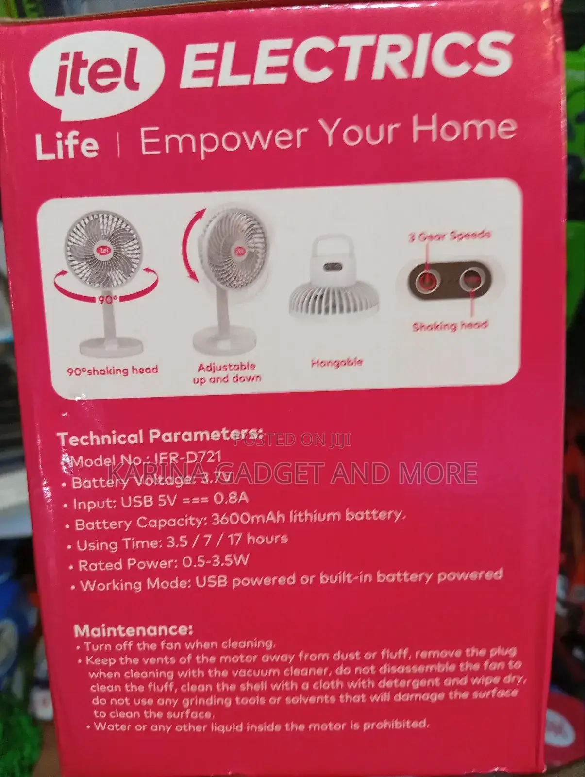 Itel Rechargeable Table Top Fan