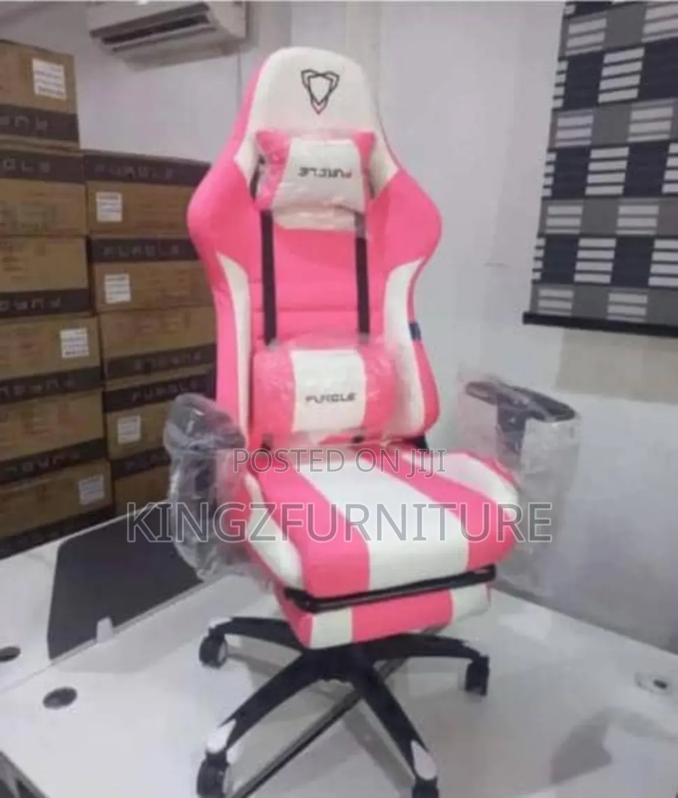 Furgle Branded Ergonomic Gaming Chair in Pink and White.