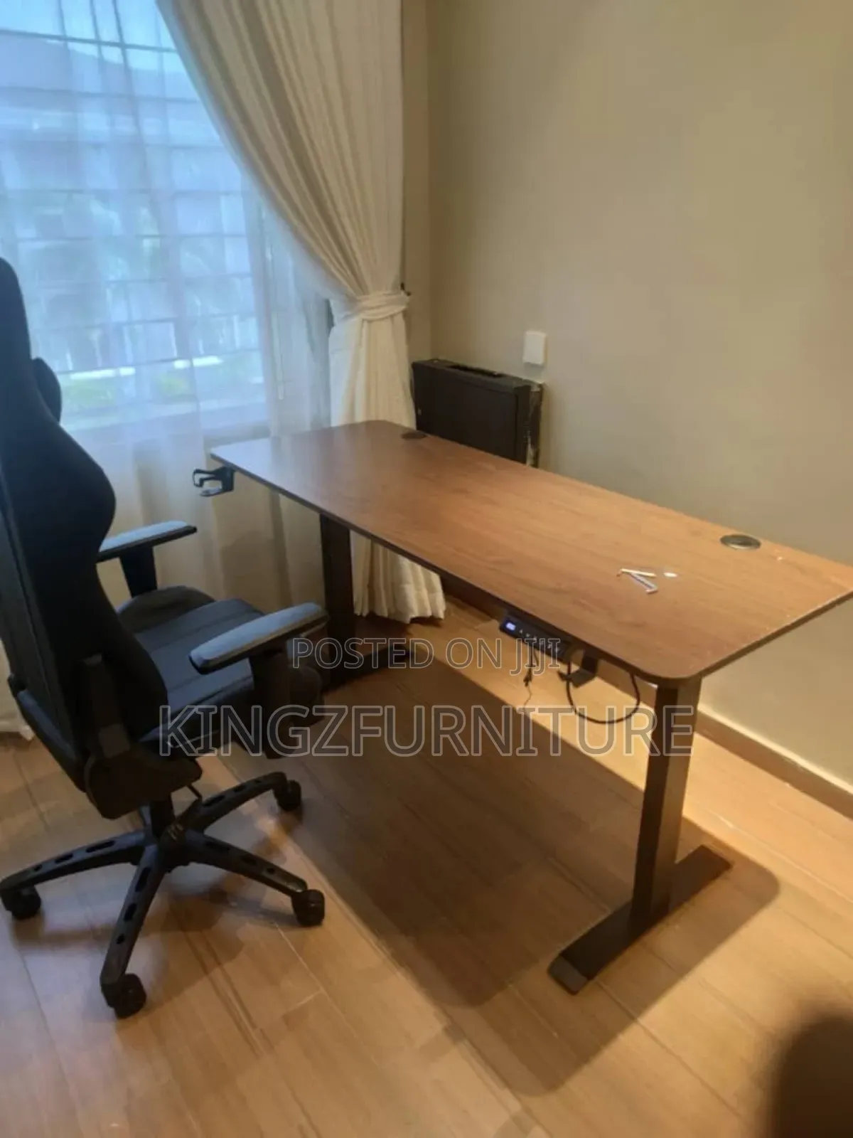 Walnut-Top Electric Height-Adjustable Standing Desk With Gaming Chair