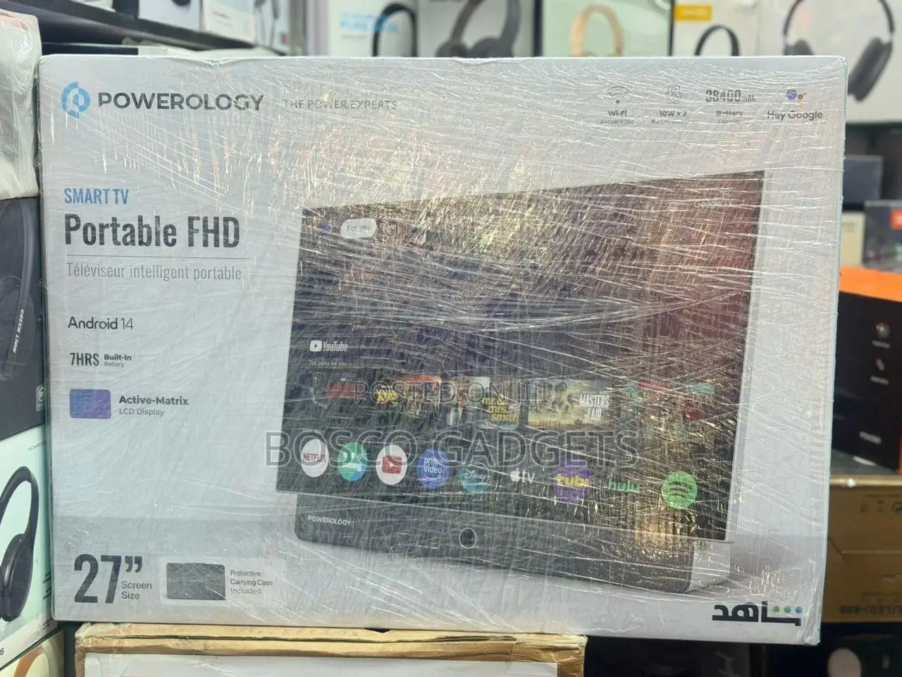 Powerology 27" Portable Smart Tv – 7-Hour Battery With Protective Case