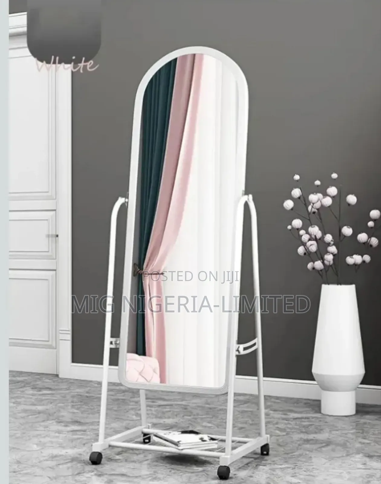 Standing Moveable Dressing Mirror With Shelves White