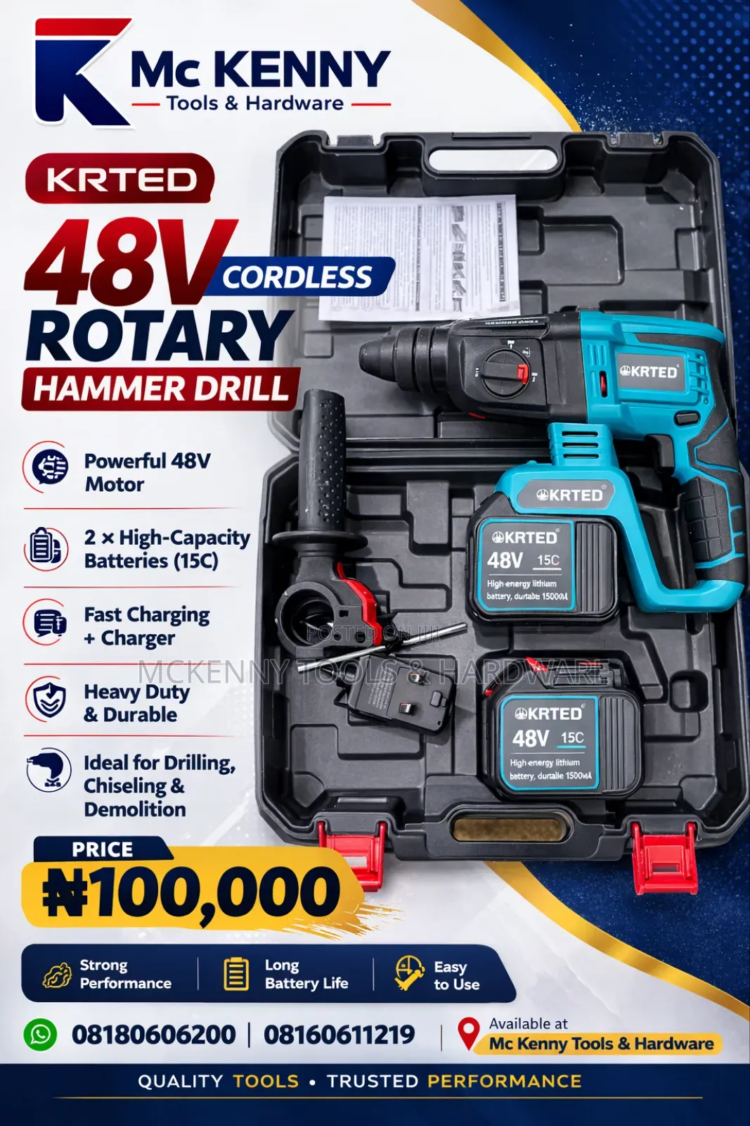 Krted 48v Cordless Rotary Hammer Drill – Heavy Duty Set