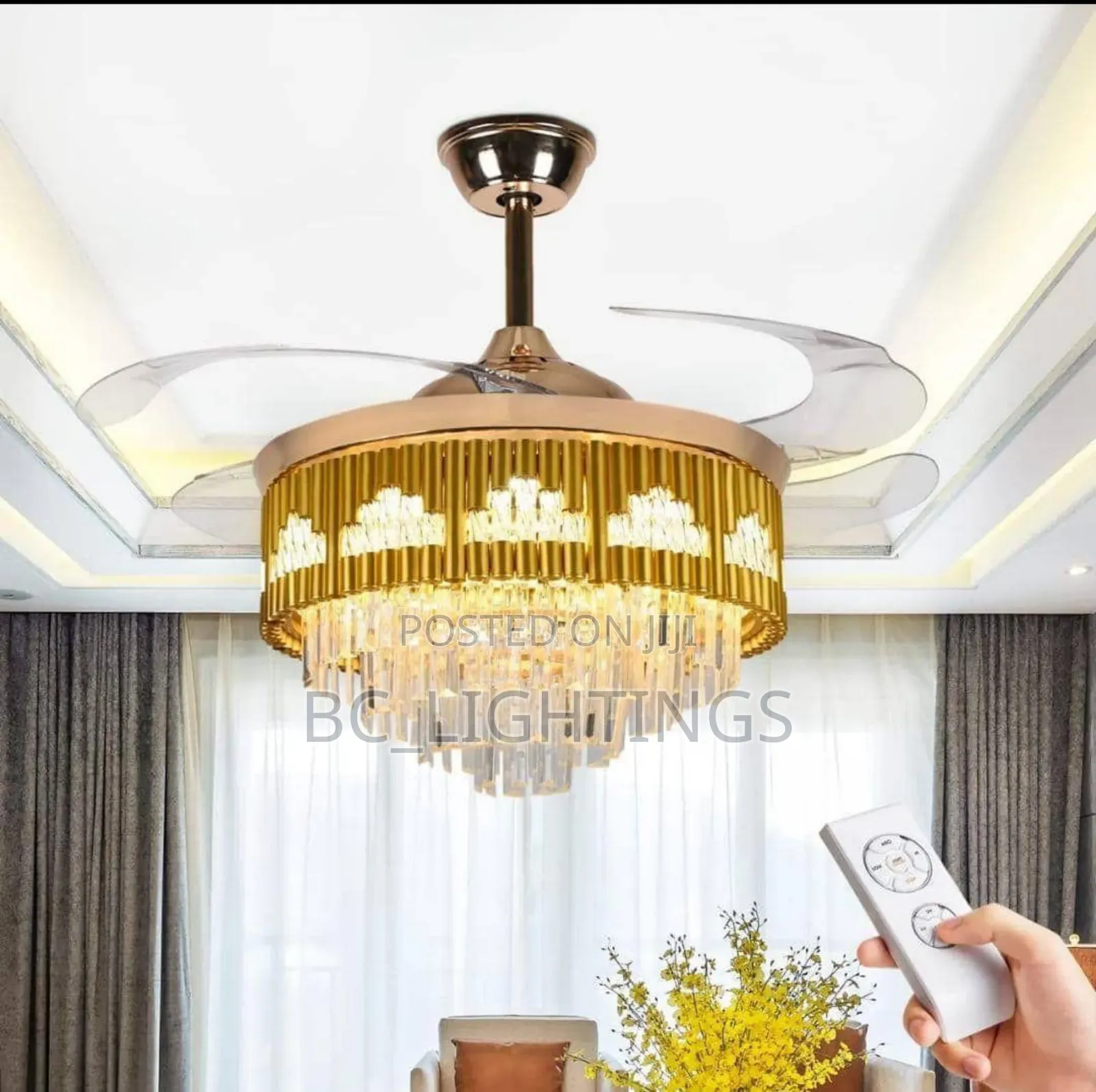 Crystal Fan Chandelier Light With Remote Control, Mp3, Led and Bulb