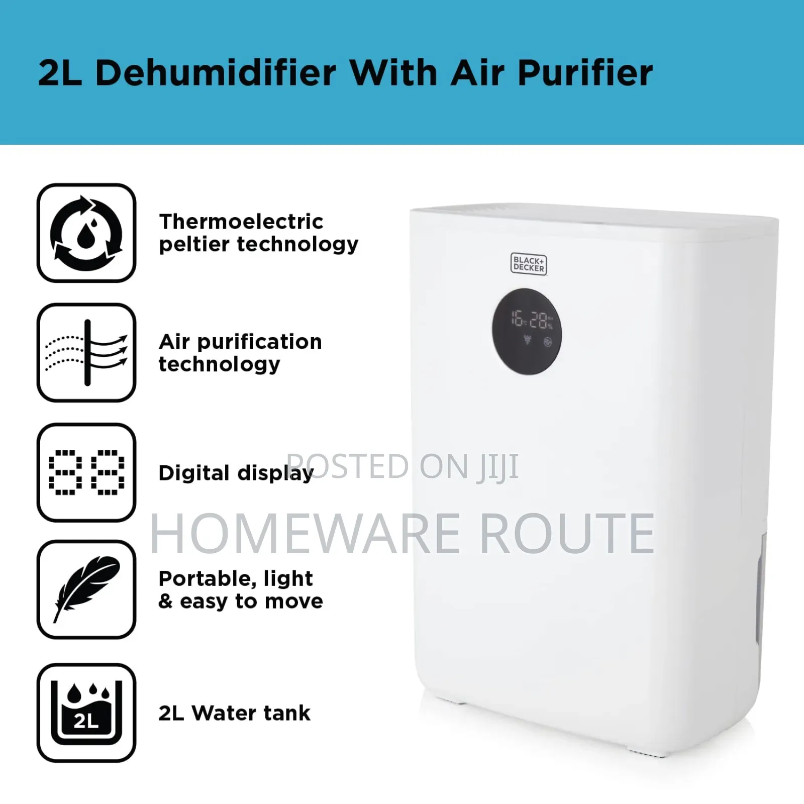 Black and Decker 2litre Dehumidifier With Air Purifier