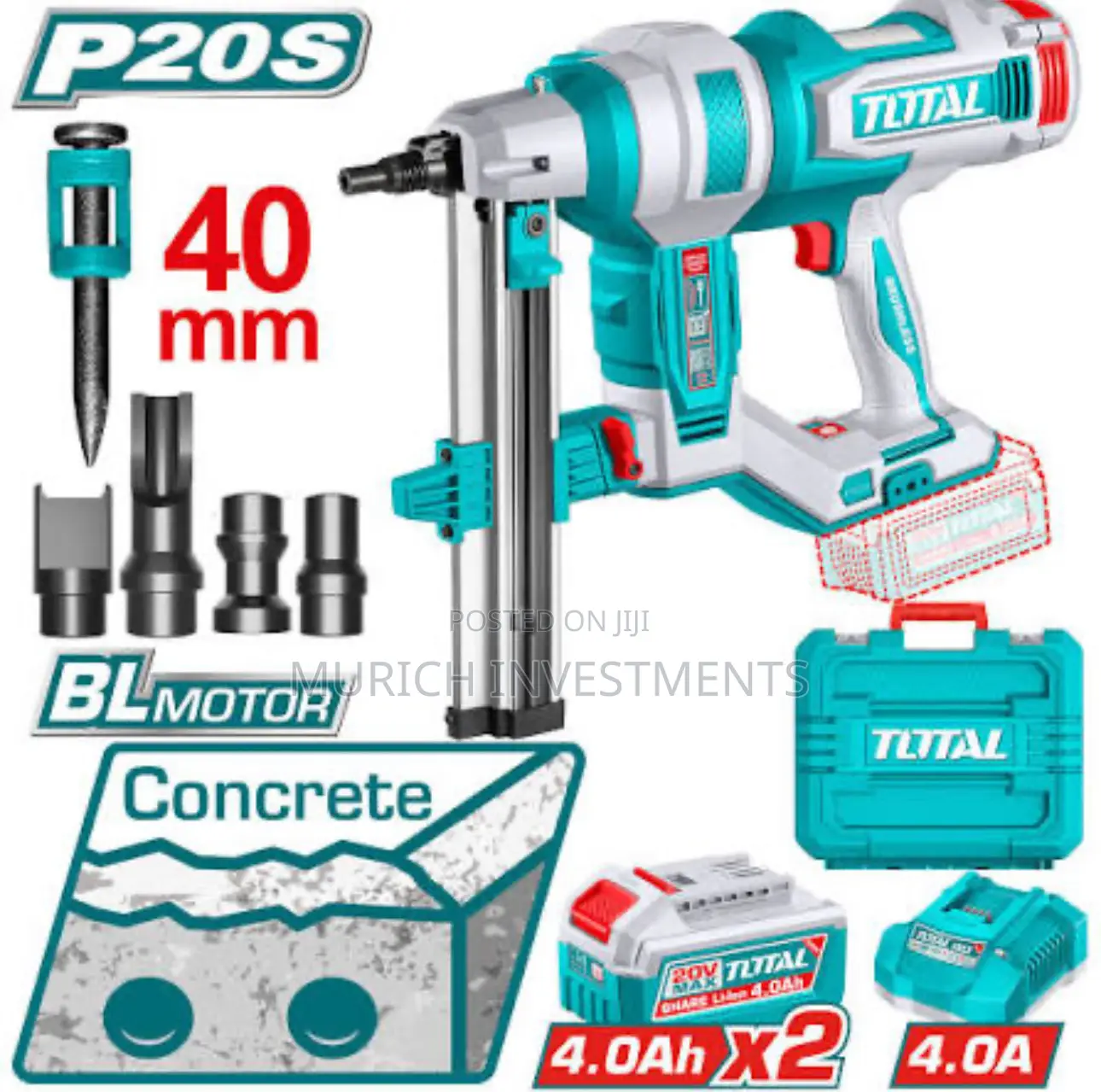 Total Tools 20v Cordless Concrete Nailer 40mm + 2batteries and Charger