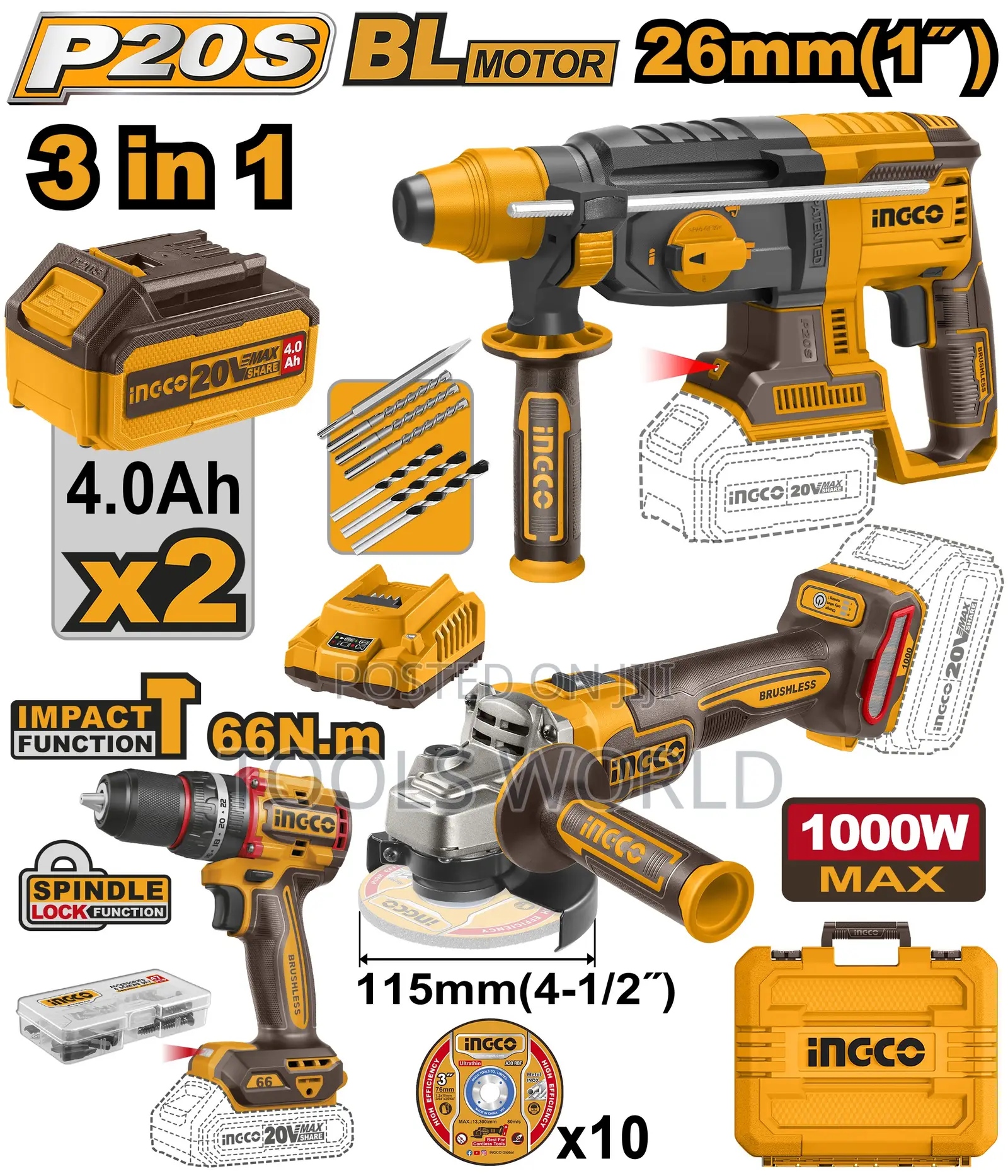 Ingco 3pcs Combo Kit Drill,Grinder and Rotary Hammer