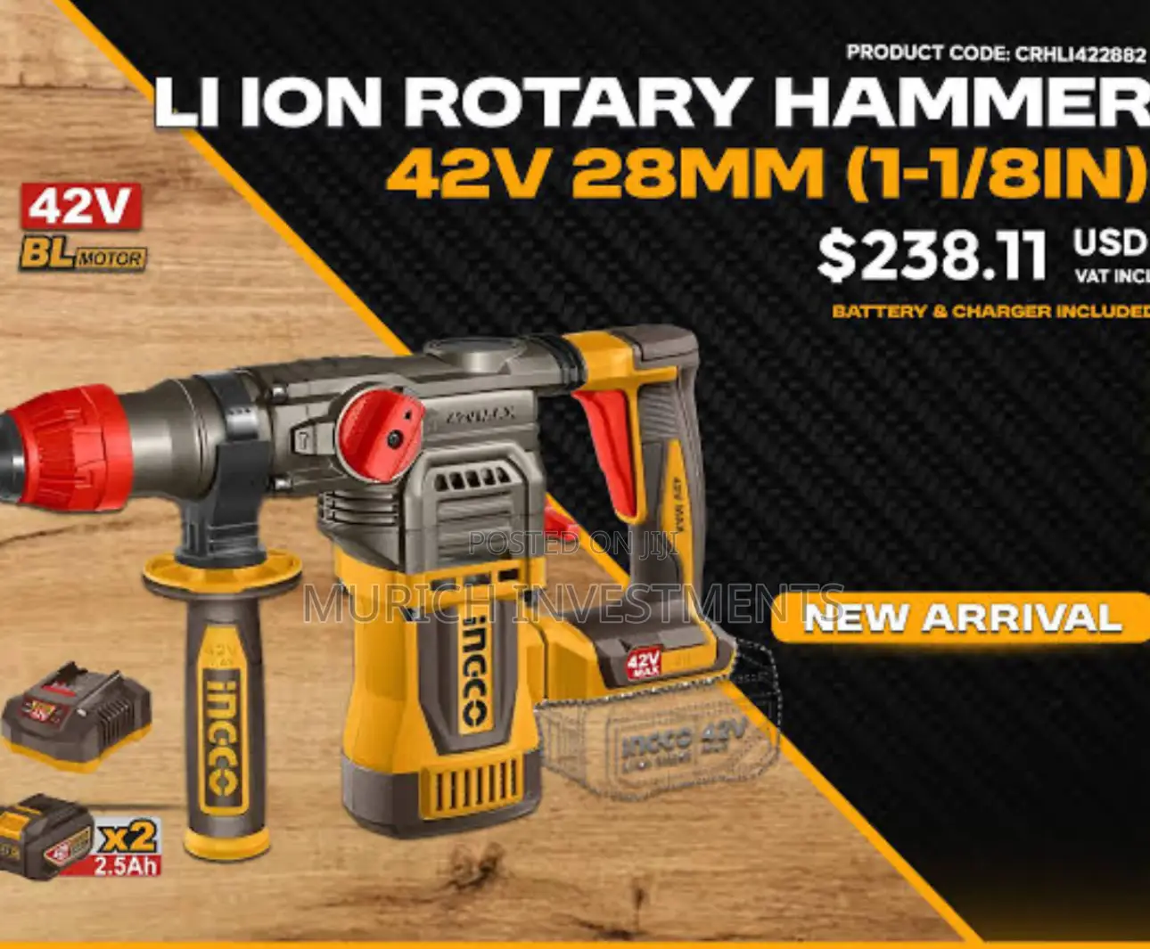 Ingco 42v Bl 28mm 3-Mode Rotary Hammer 2x2.5ah Case Crhli422882