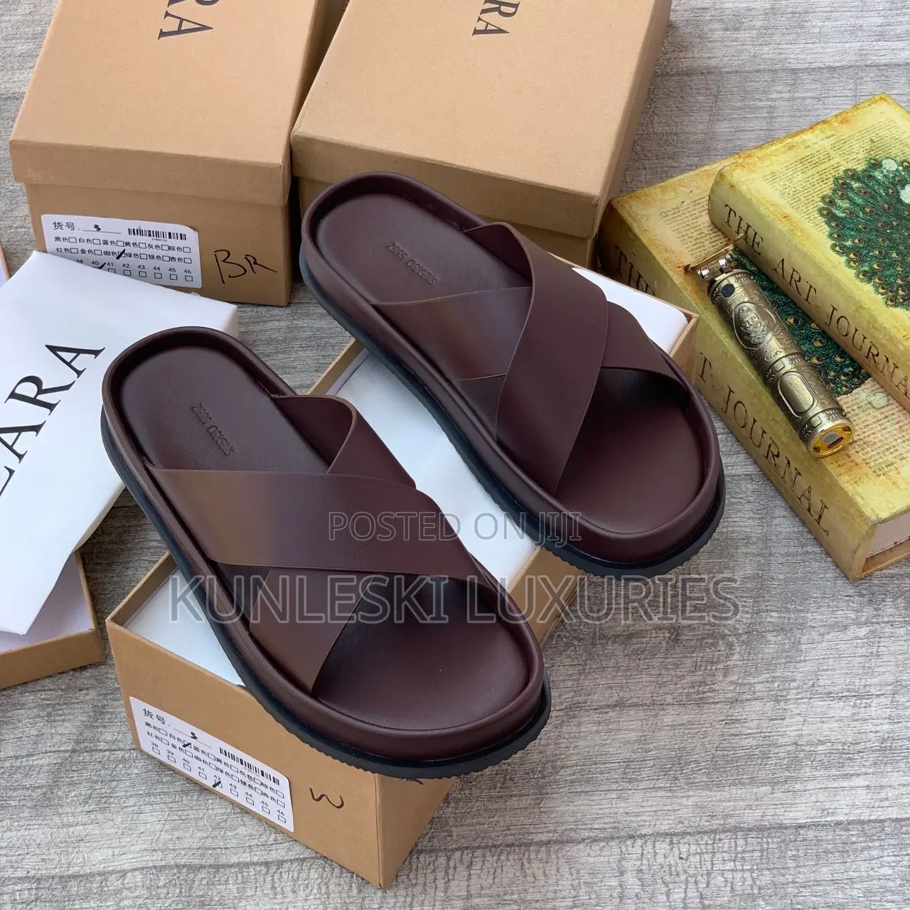 Original Zara Black & Brown Cross Leather Slippers
