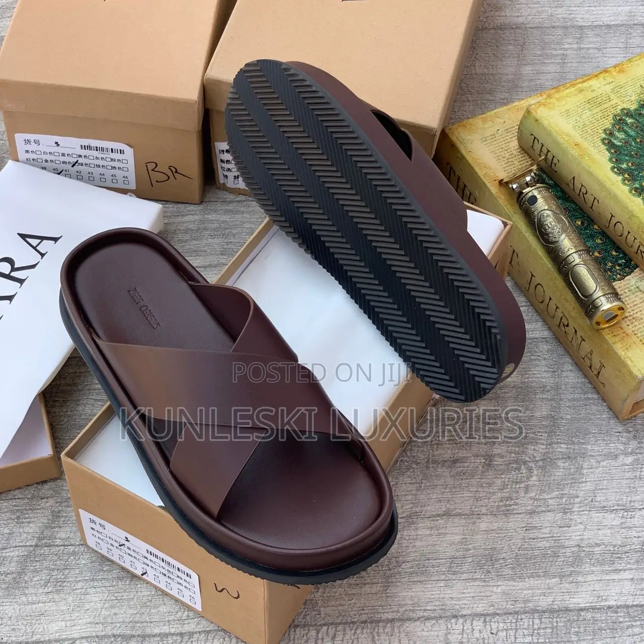 Original Zara Black & Brown Cross Leather Slippers
