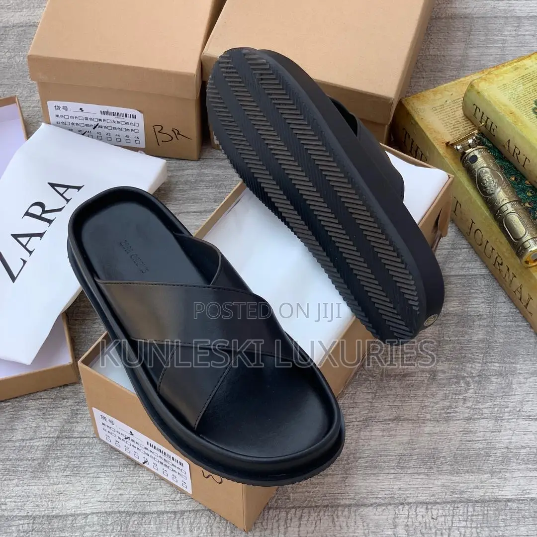 Original Zara Black & Brown Cross Leather Slippers