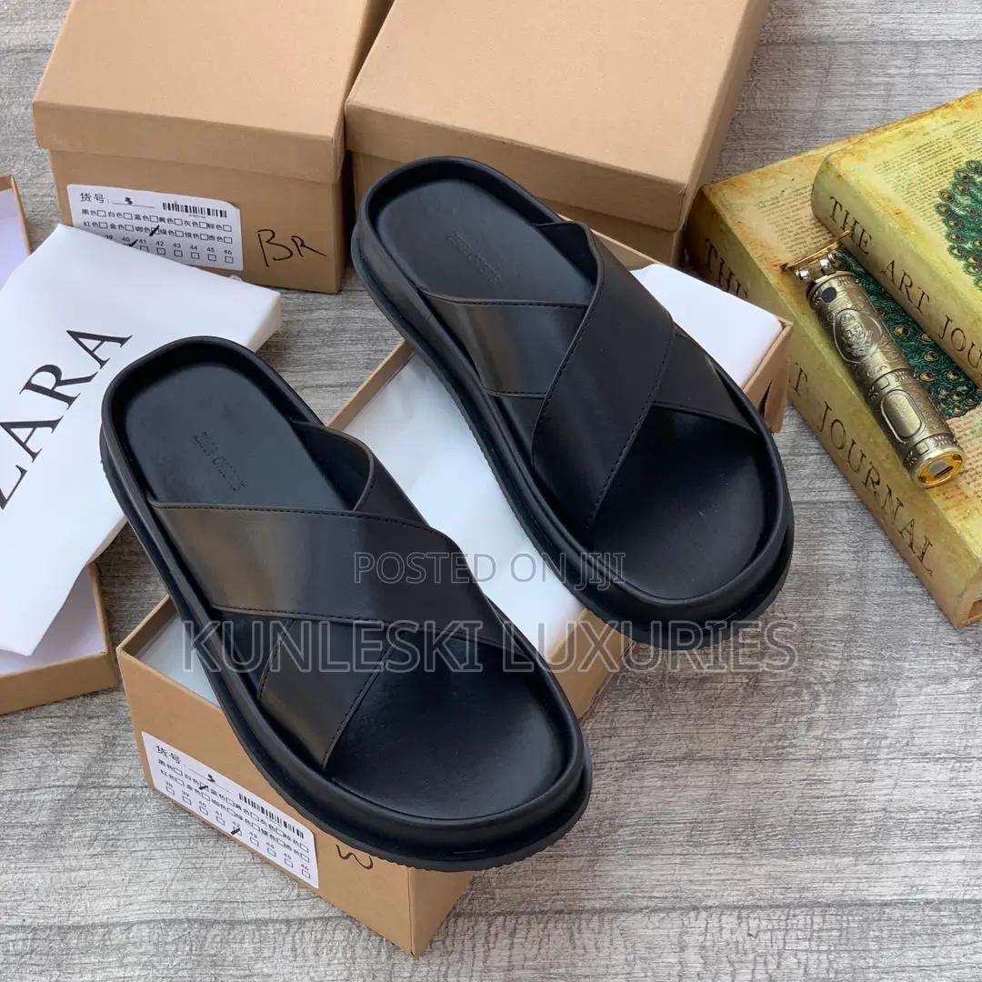 Original Zara Black & Brown Cross Leather Slippers