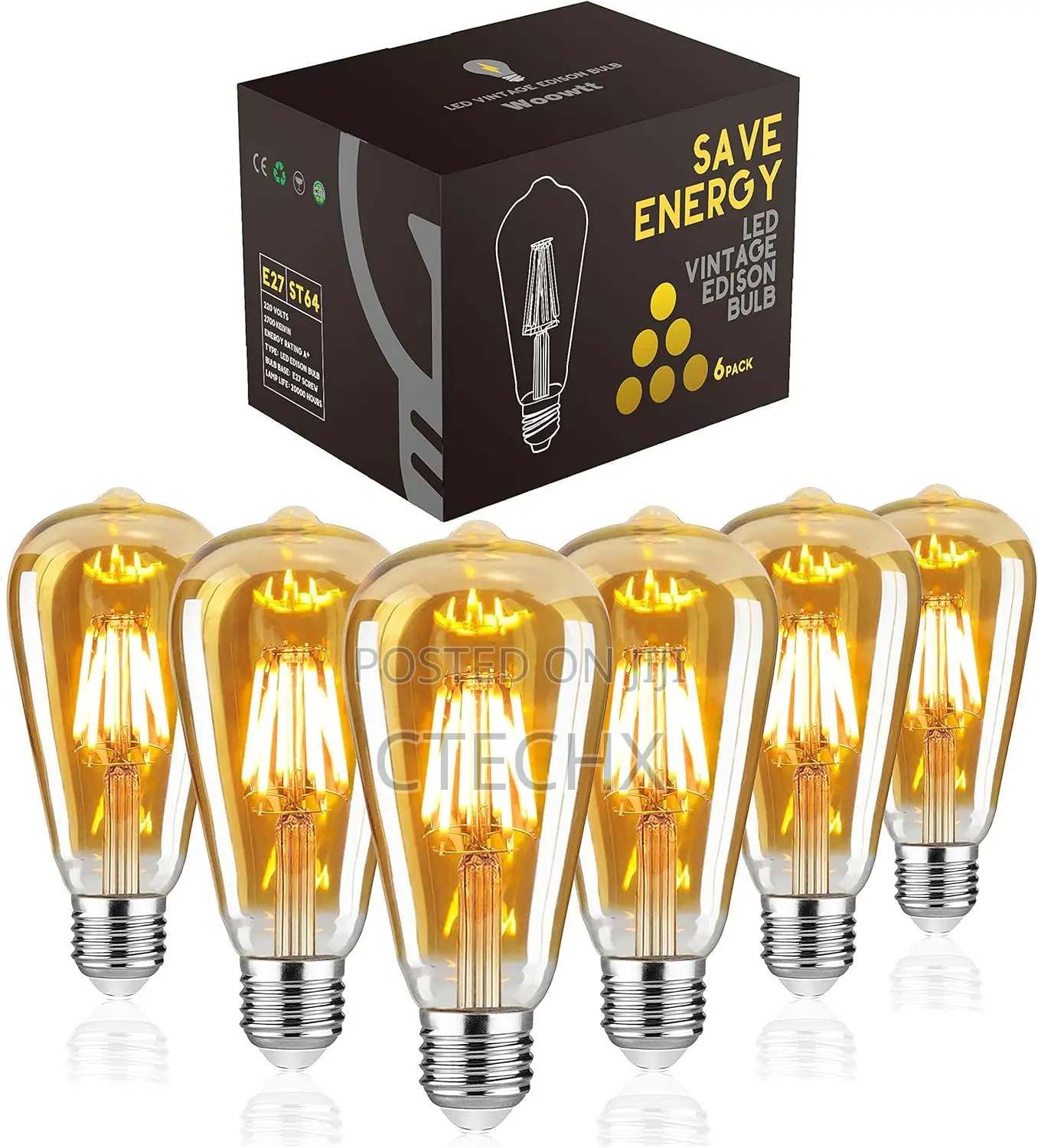 Vintage Light Bulb, Dimmable 6w E27 Led Bulbs Amber Glass 6 Pack