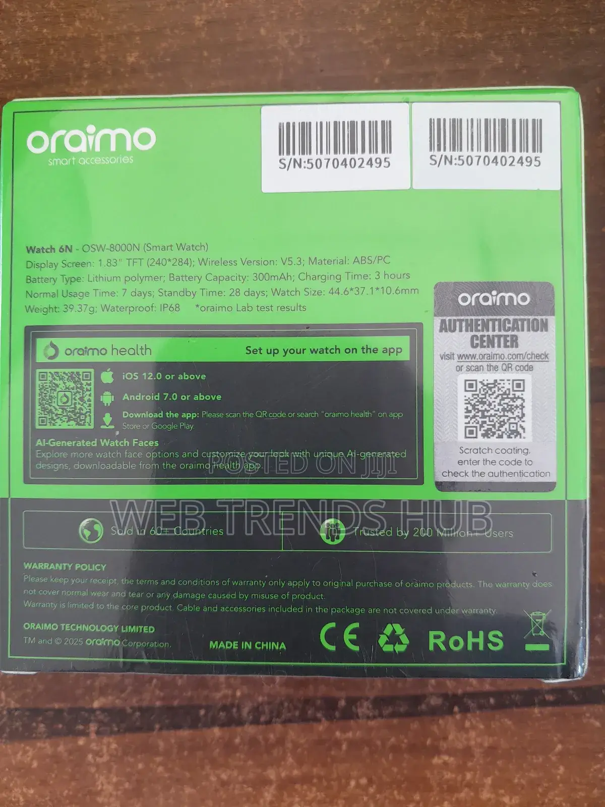Brand New Oraimo Watch 6n (Osw-8000n) - Wireless Hd Calling