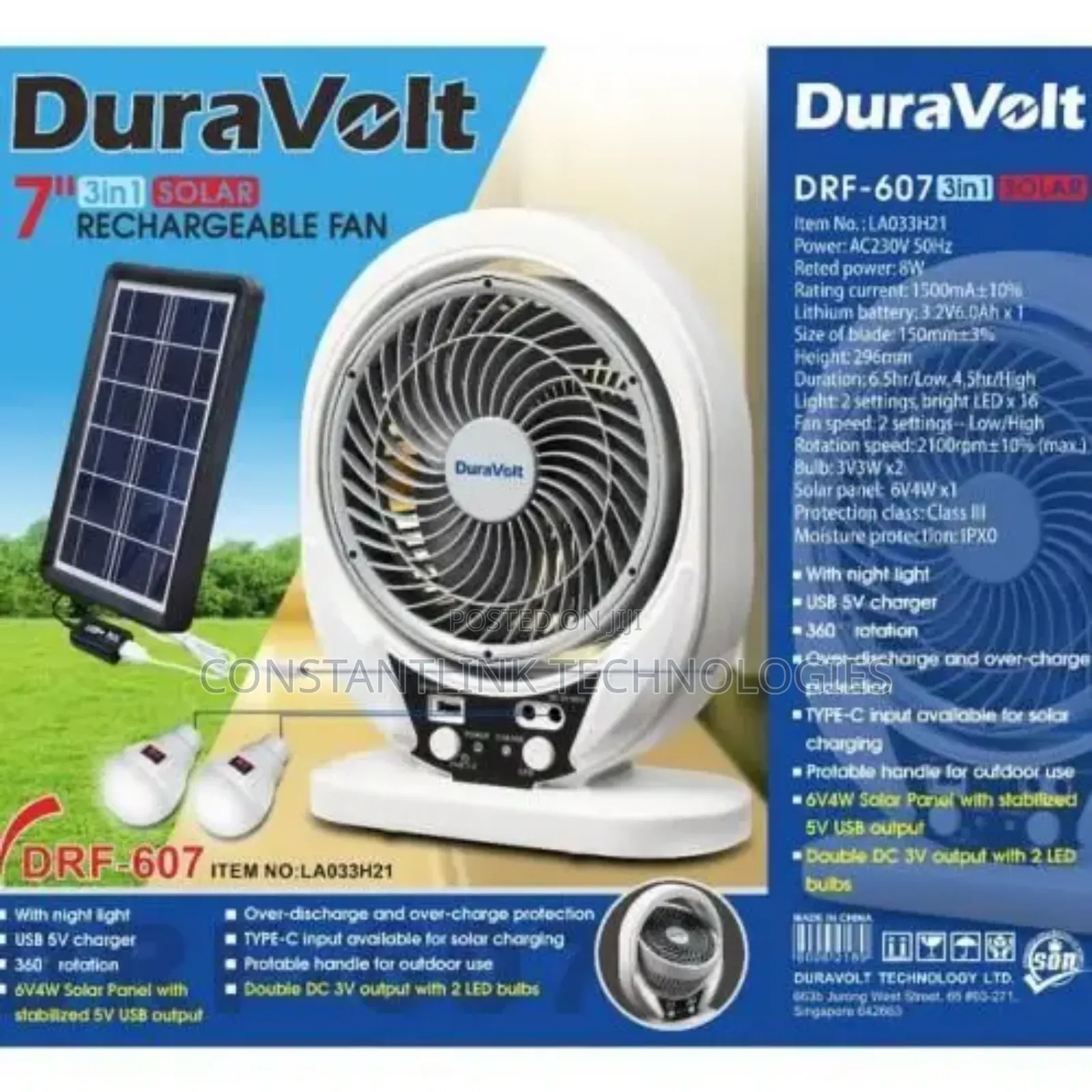 Duravolt 7" Rechargeable Fan DRF-607 Solar Table Fan