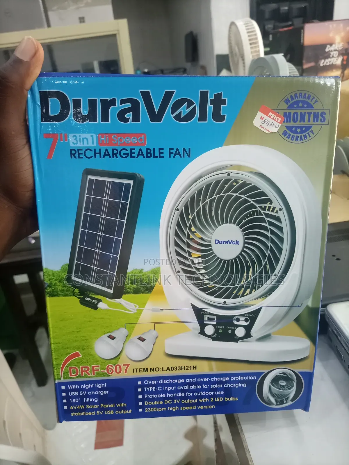 Duravolt 7" Rechargeable Fan DRF-607 Solar Table Fan