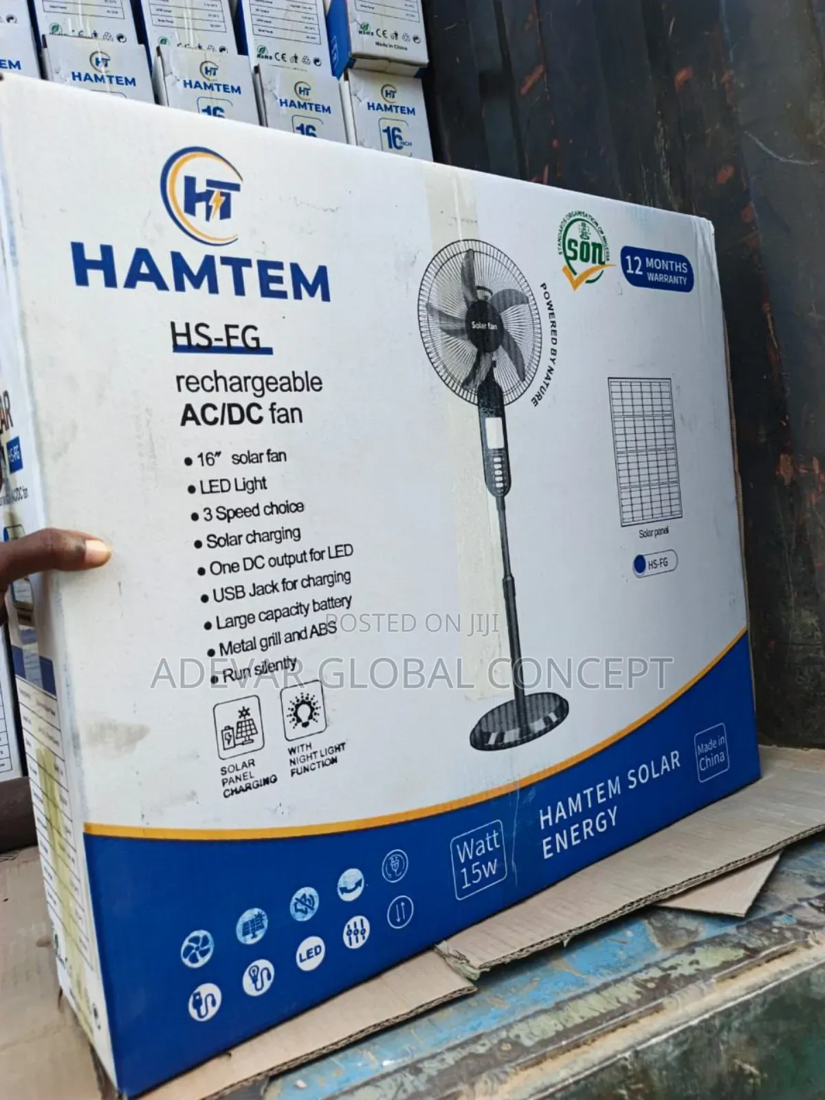 Hamtem 16" Solar Rechargeable Ac/Dc Fan With Solar Panel and Led Light