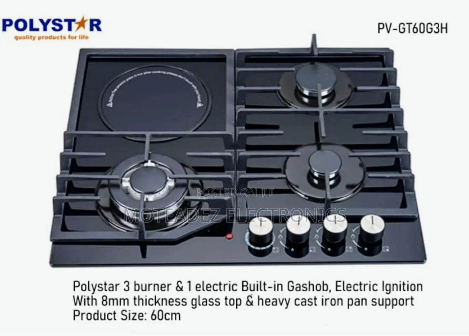 Polystar 3 Burner + Hotplate 8mm Tempered Glass Top Induction Gas Hob