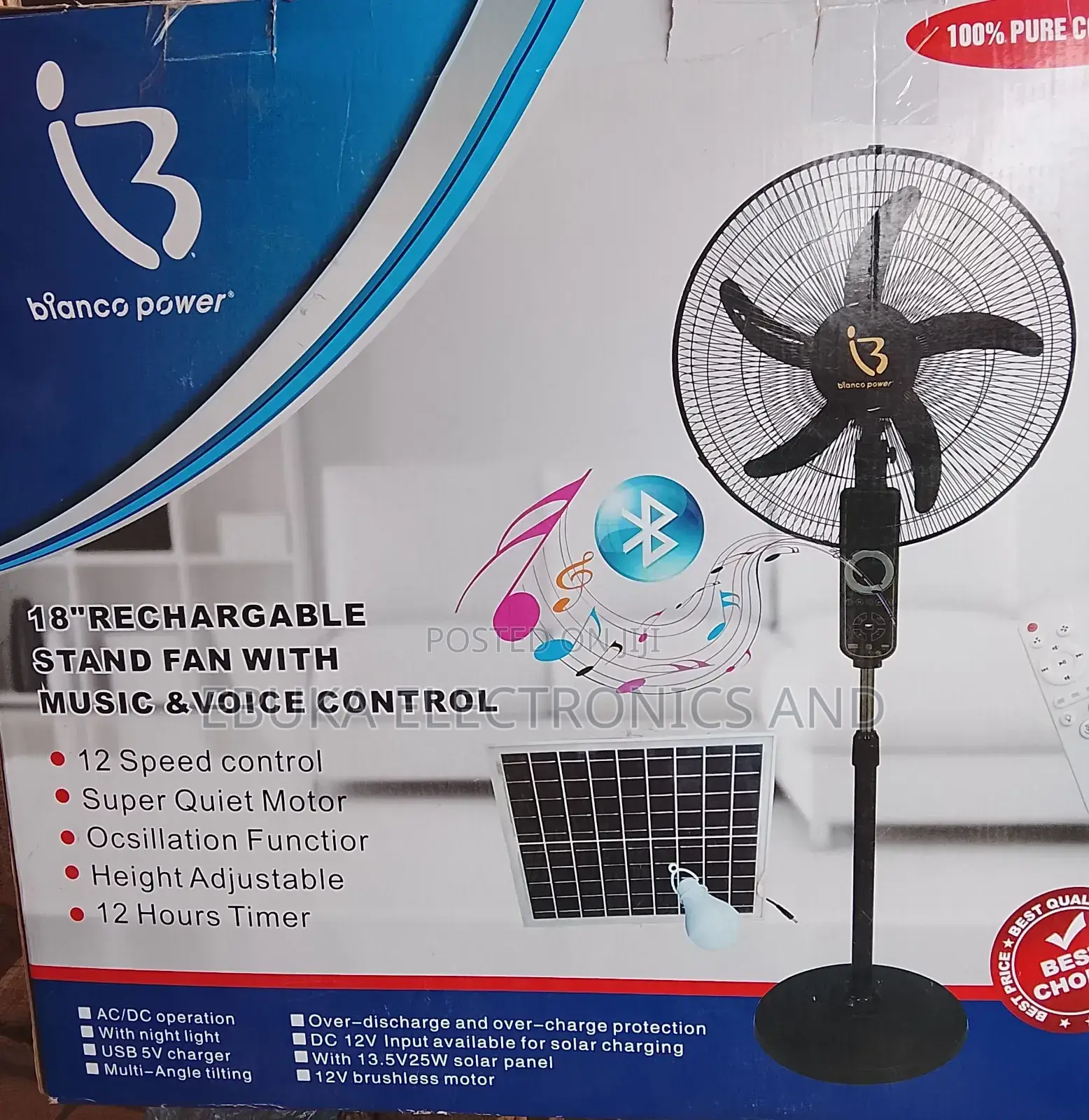 Binaco Power Rechargeable Standing Fan With Solar Panels 25 Watt Panel