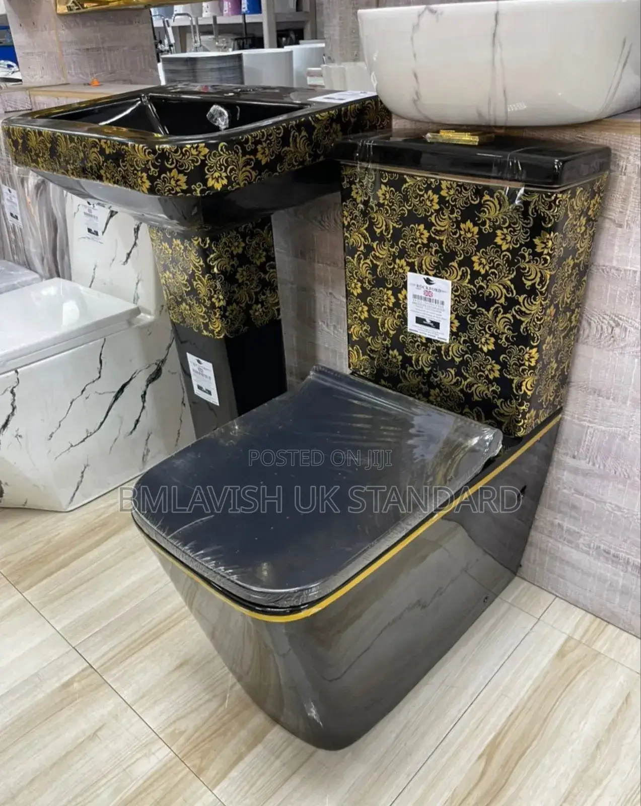 England Luxury Black Gold Marble Water Closet Set
