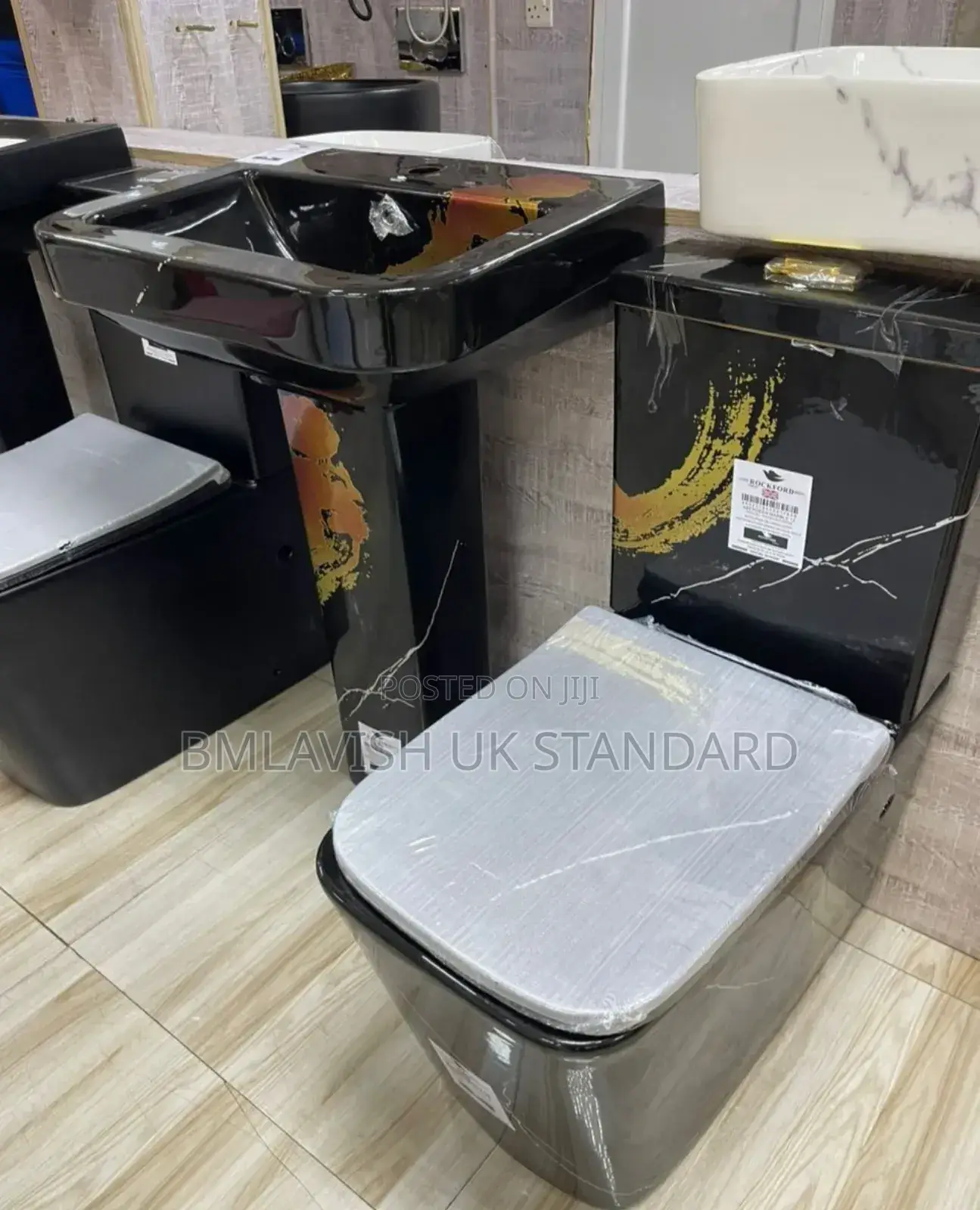 England Premium Black Gold Marble Toilet Seat Set