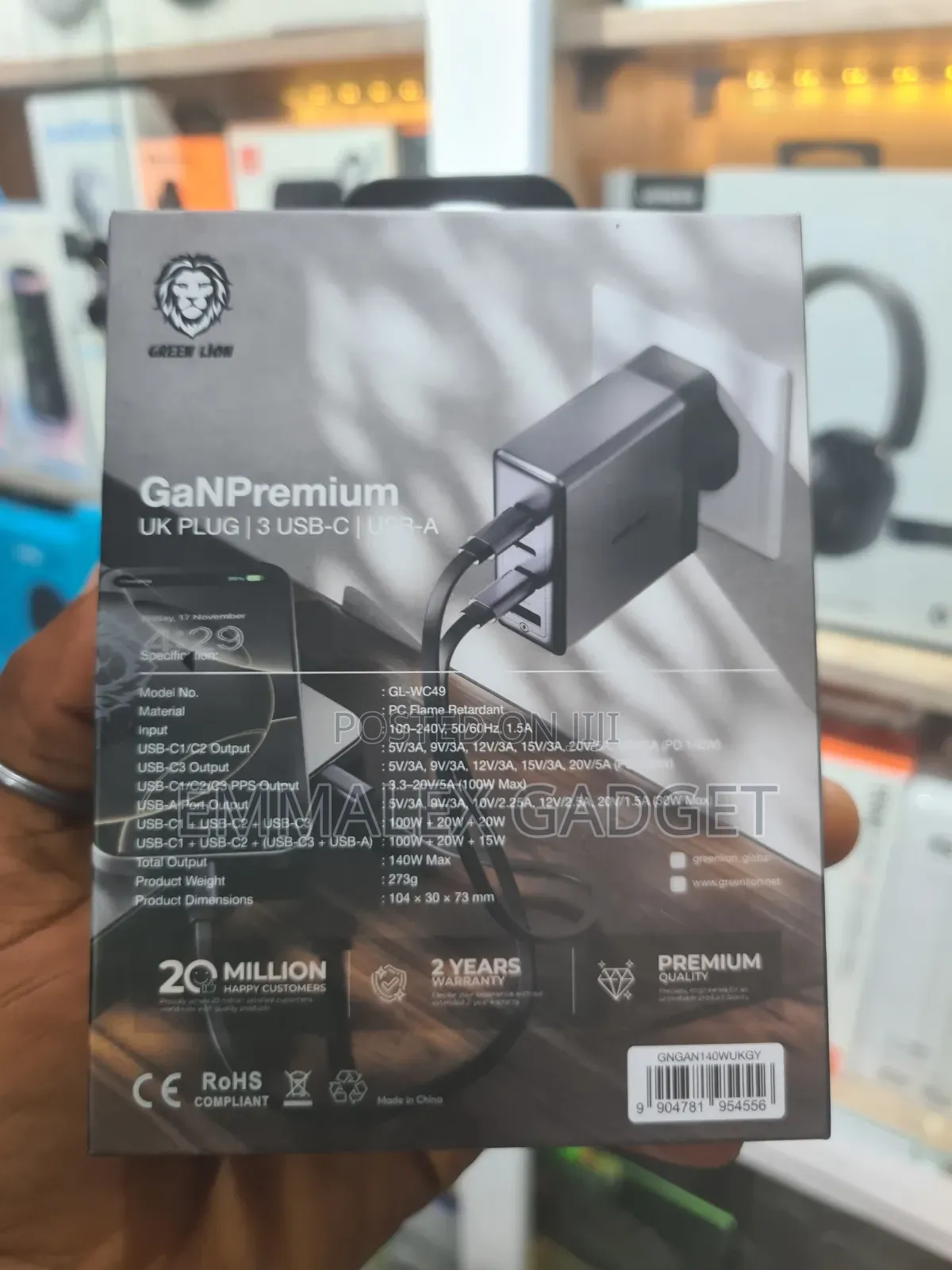 Green Lion Gan Premium Uk Plug Wall Charger (140w).