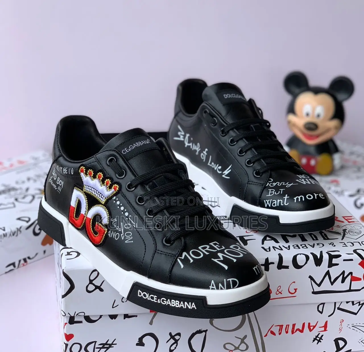 Original Dolce Gabbana Crown Black / White Leather Sneakers