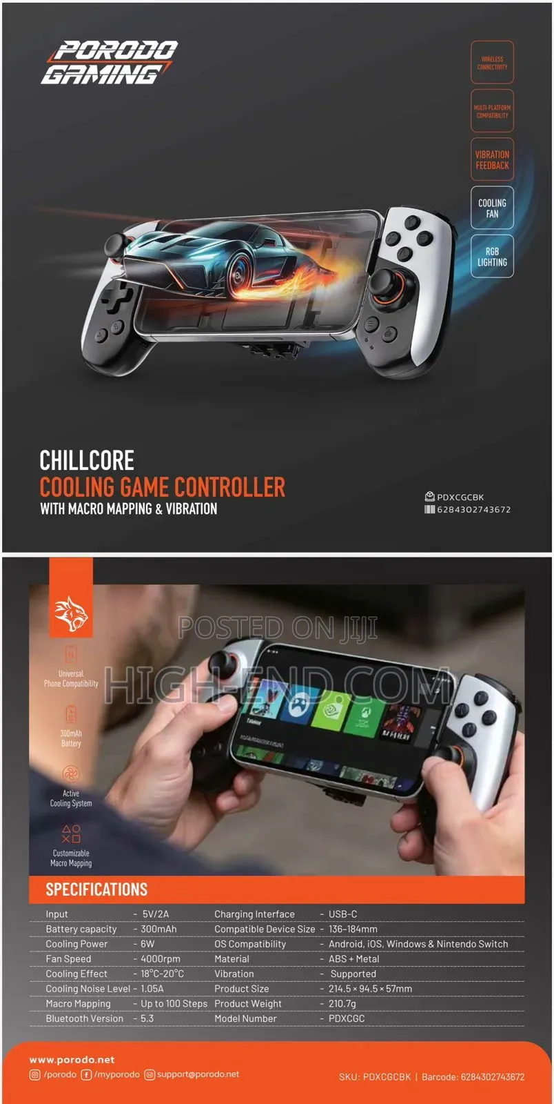 Porodo Gaming Chillcore Cooling Game Controller PDXCGCBK