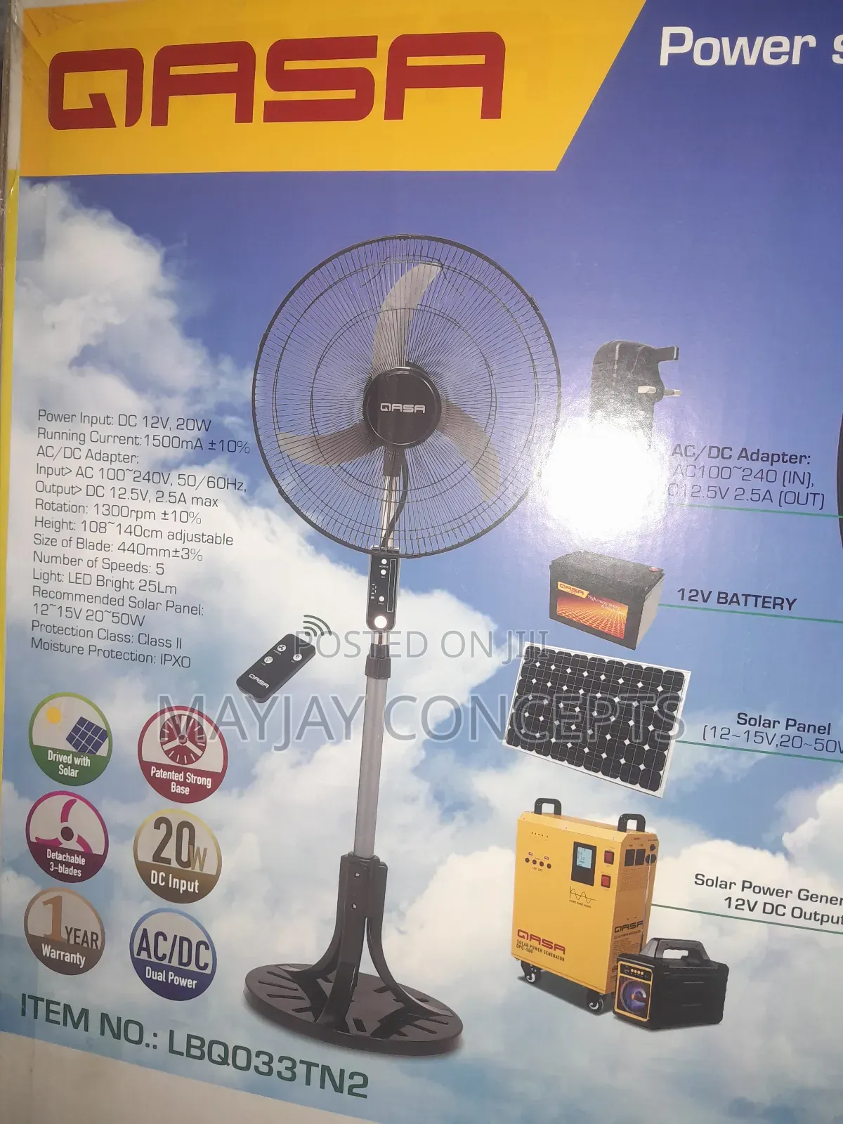 18inches Qasa Ac/Dc+ Solar Standing Fan With Remote and Led Light