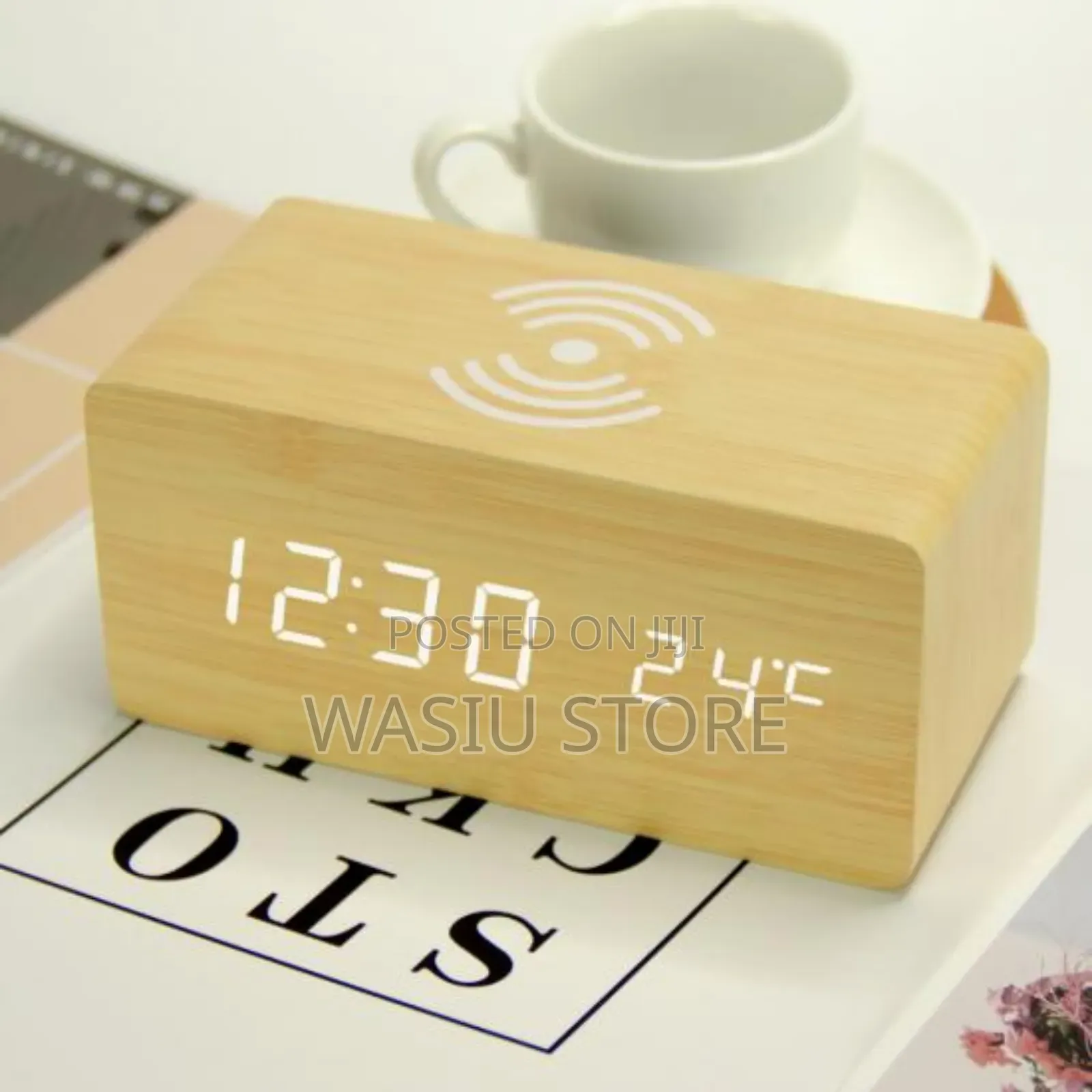 Wood Design Digital Clock With Wireless Charging
