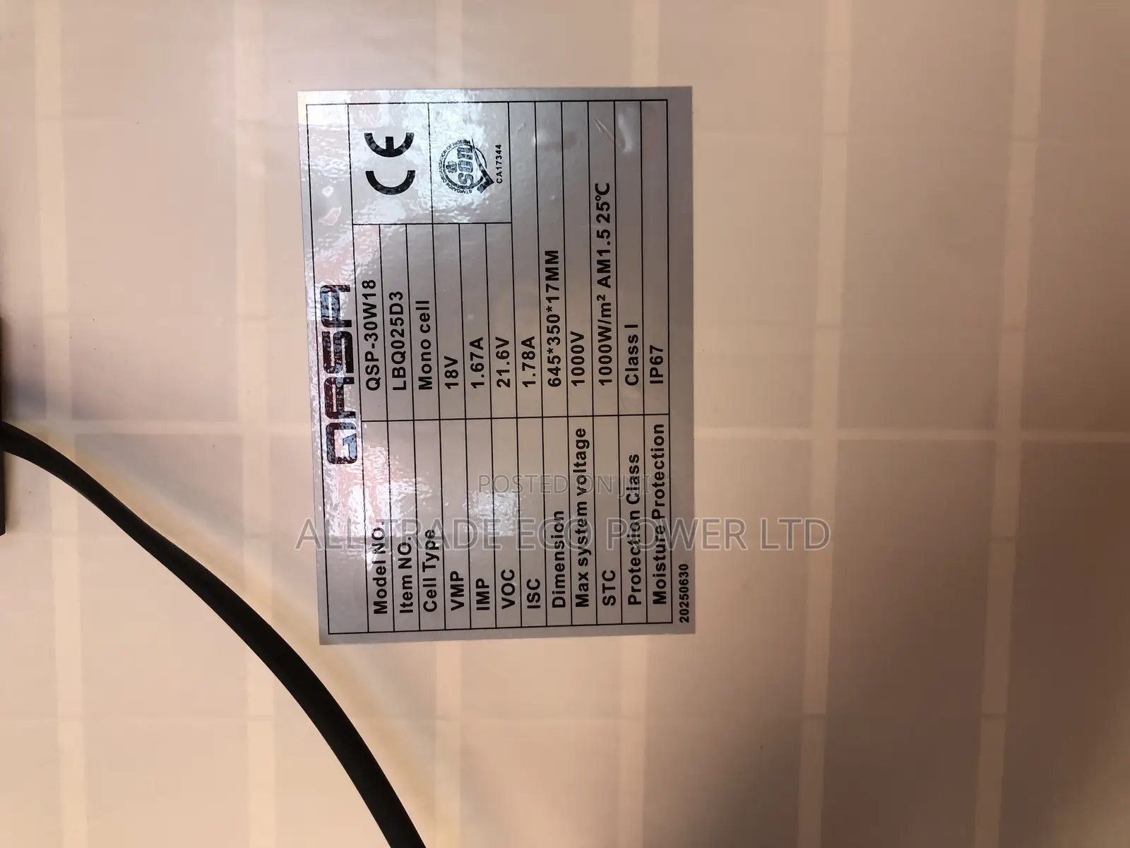 30 Watts 18v Mono Crystalline Solar Panel for Rechargeable Fans