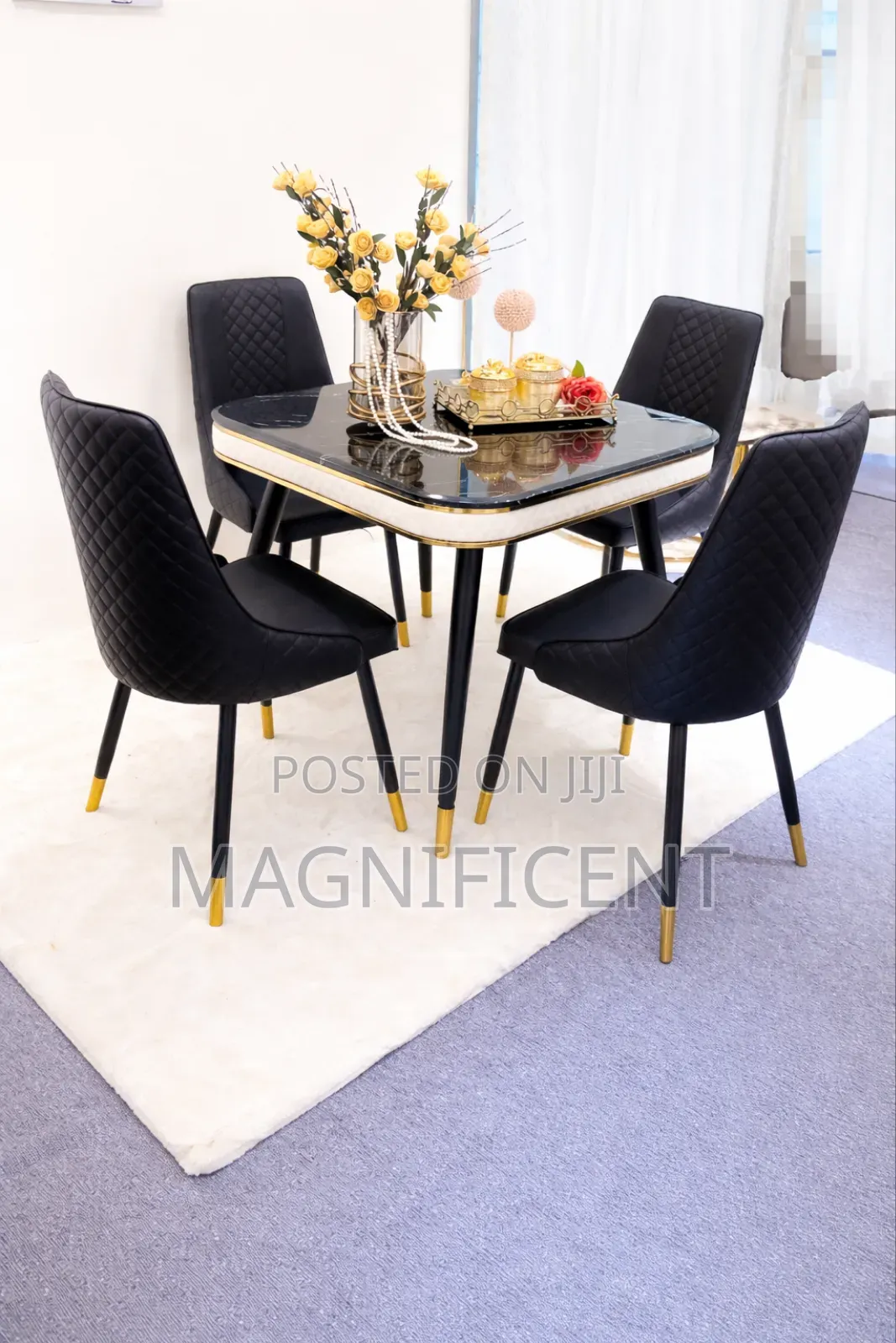 Premium Modern Dining Table Set – Black Gold 4 Seater