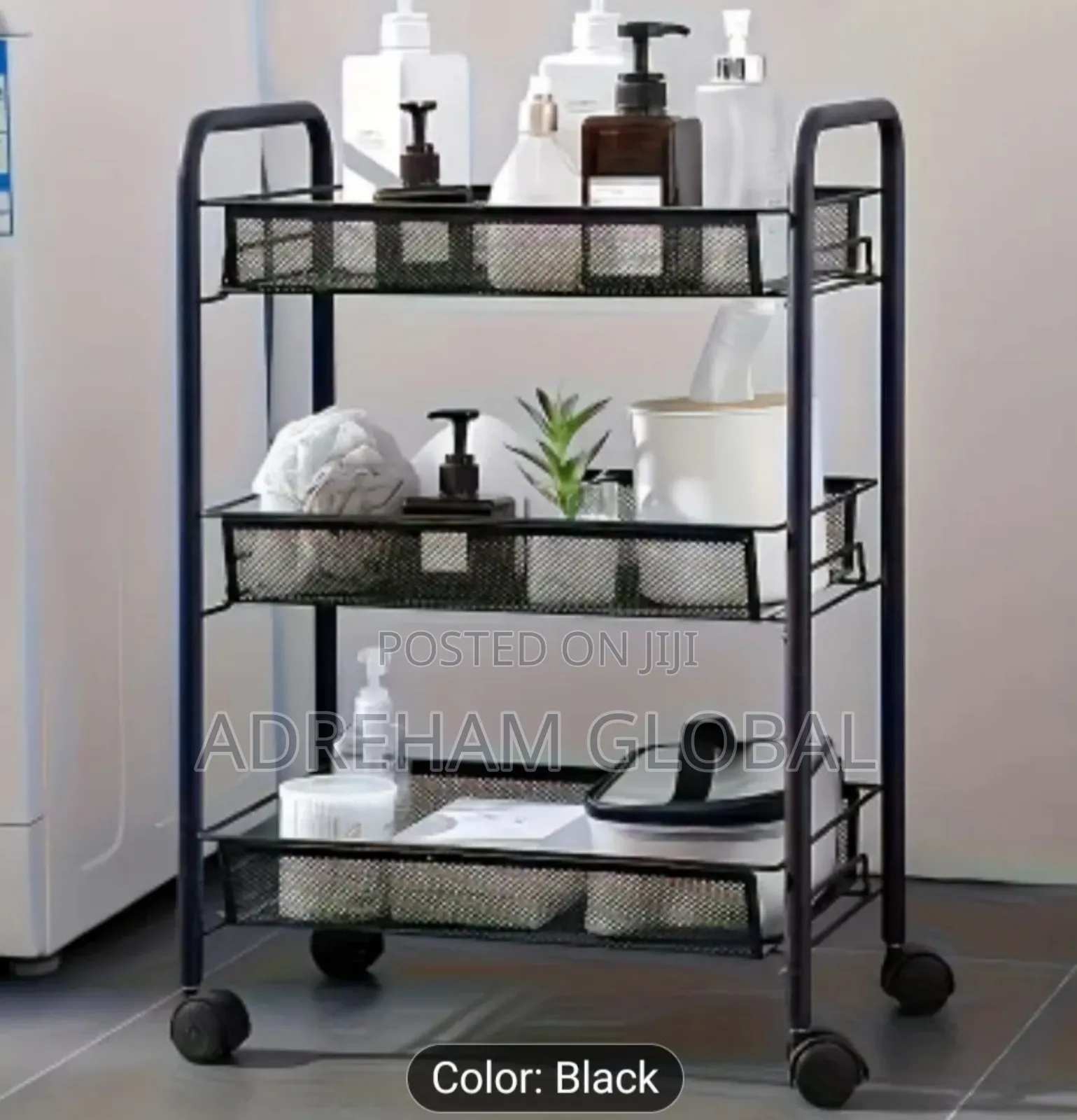 3-Tier Heavy-Duty Mesh Mobile Storage Cart With Hooks Wheels