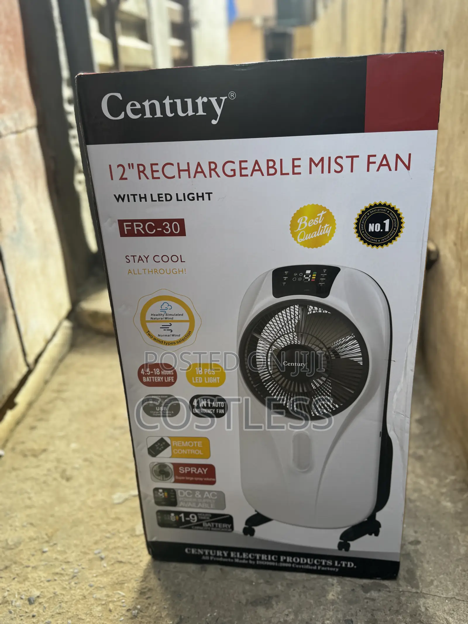 Century 12" Rechargeable Mist Fan With Led Light