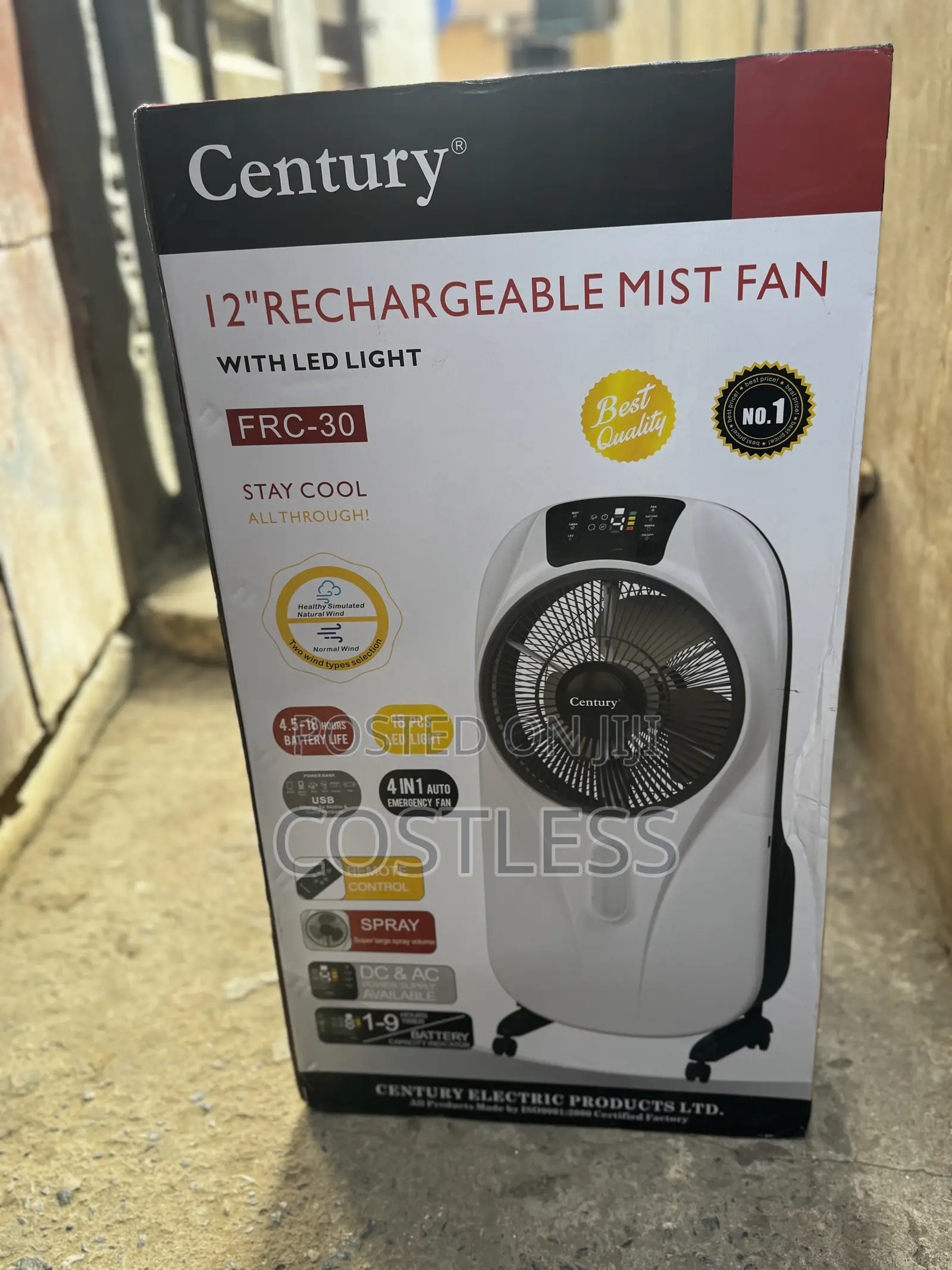 Century 12" Rechargeable Mist Fan With Led Light