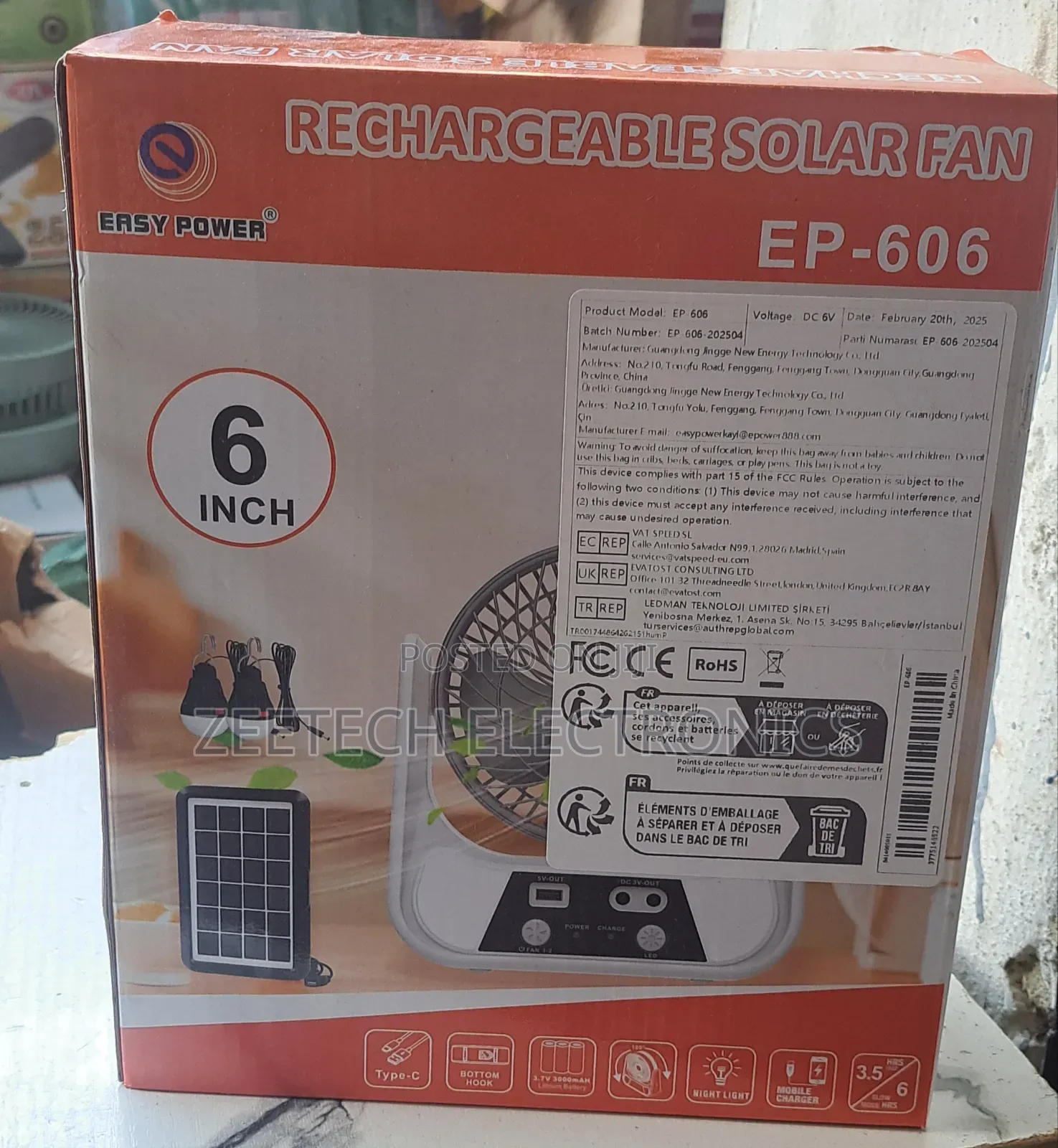 Easy Power 6" Rechargeable Solar Fan