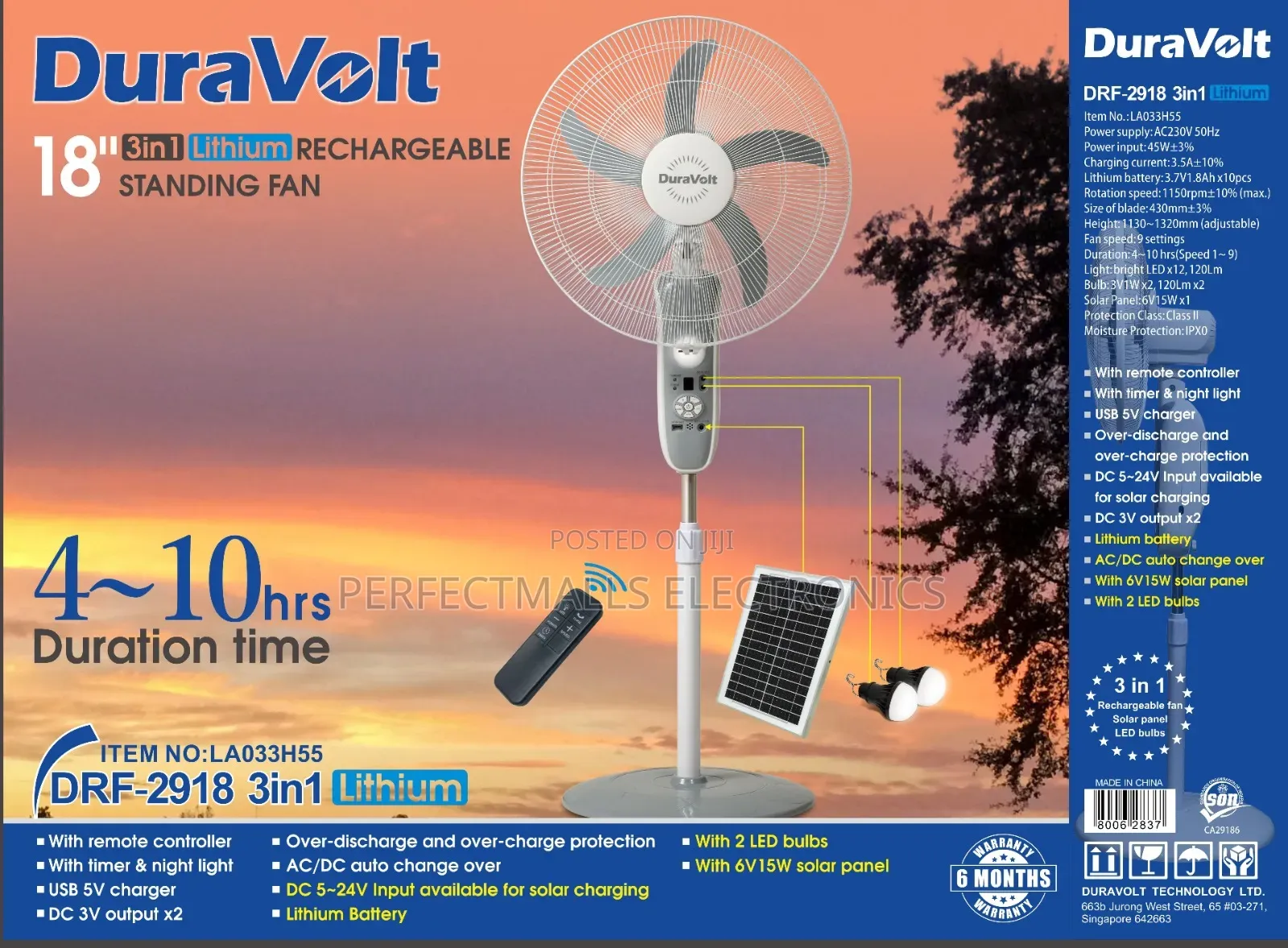 Duravolt 18 Inches 3-In1 Lithium Rechargeable Standing Fan DRF-2918