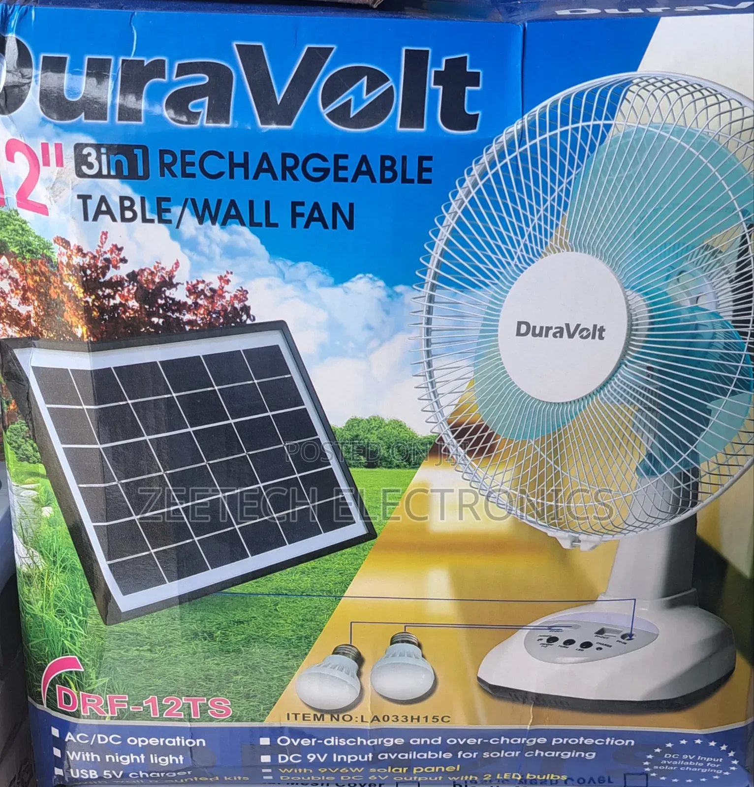 Duravolt 12-Inch 3-in-1 Rechargeable Table/Wall Fan