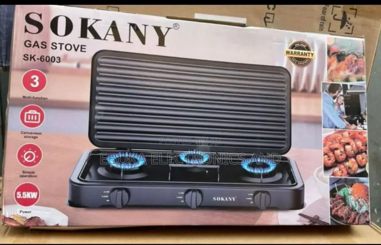 3 Burner Sokany Gas Cooker With Cover Is Available