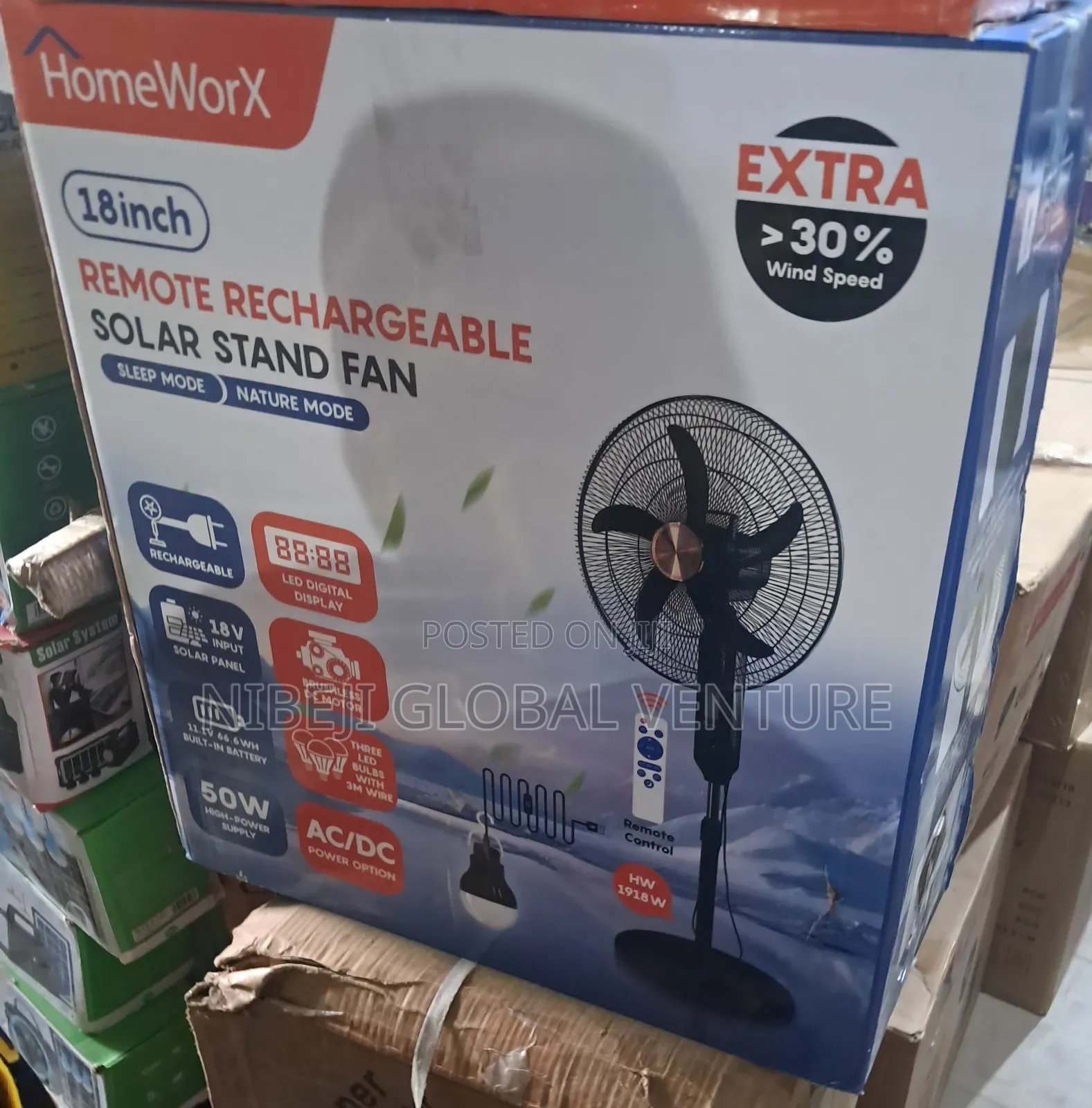 Home Worx 18inches Remote Rechargeable Solar Standing Fan