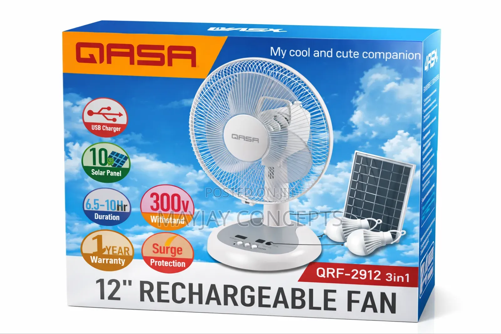 Qasa 12” Rechargeable Solar Fan With Solar Panel|2-bulbs|Usb Charger