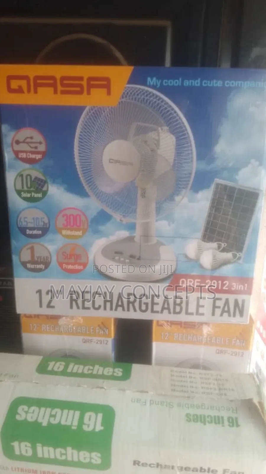 Qasa 12” Rechargeable Solar Fan With Solar Panel|2-bulbs|Usb Charger