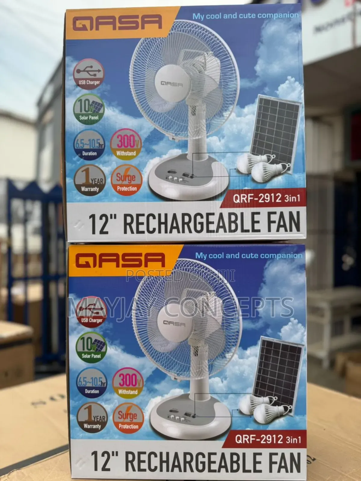 Qasa 12” Rechargeable Solar Fan With Solar Panel|2-bulbs|Usb Charger