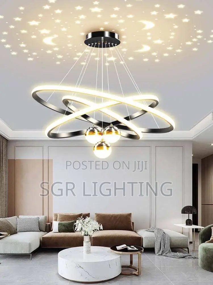 Noridc-Led Starry Sky Projection Black Chandelier, Hanging Lamps