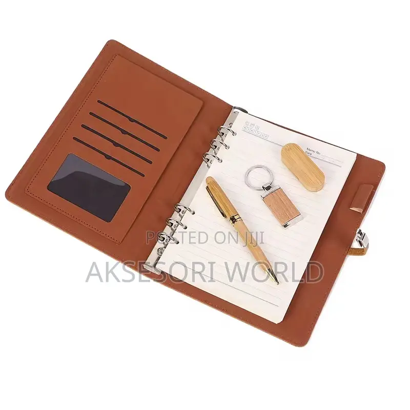 6 in 1 Wooden Bamboo Corporate Gift Set Leather Notebook Set