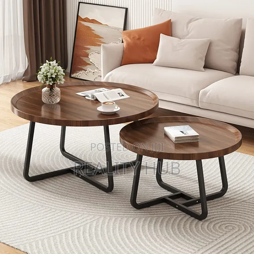 Round Industrial Coffee Table - (Color : Walnut, Size : 1set 80+60