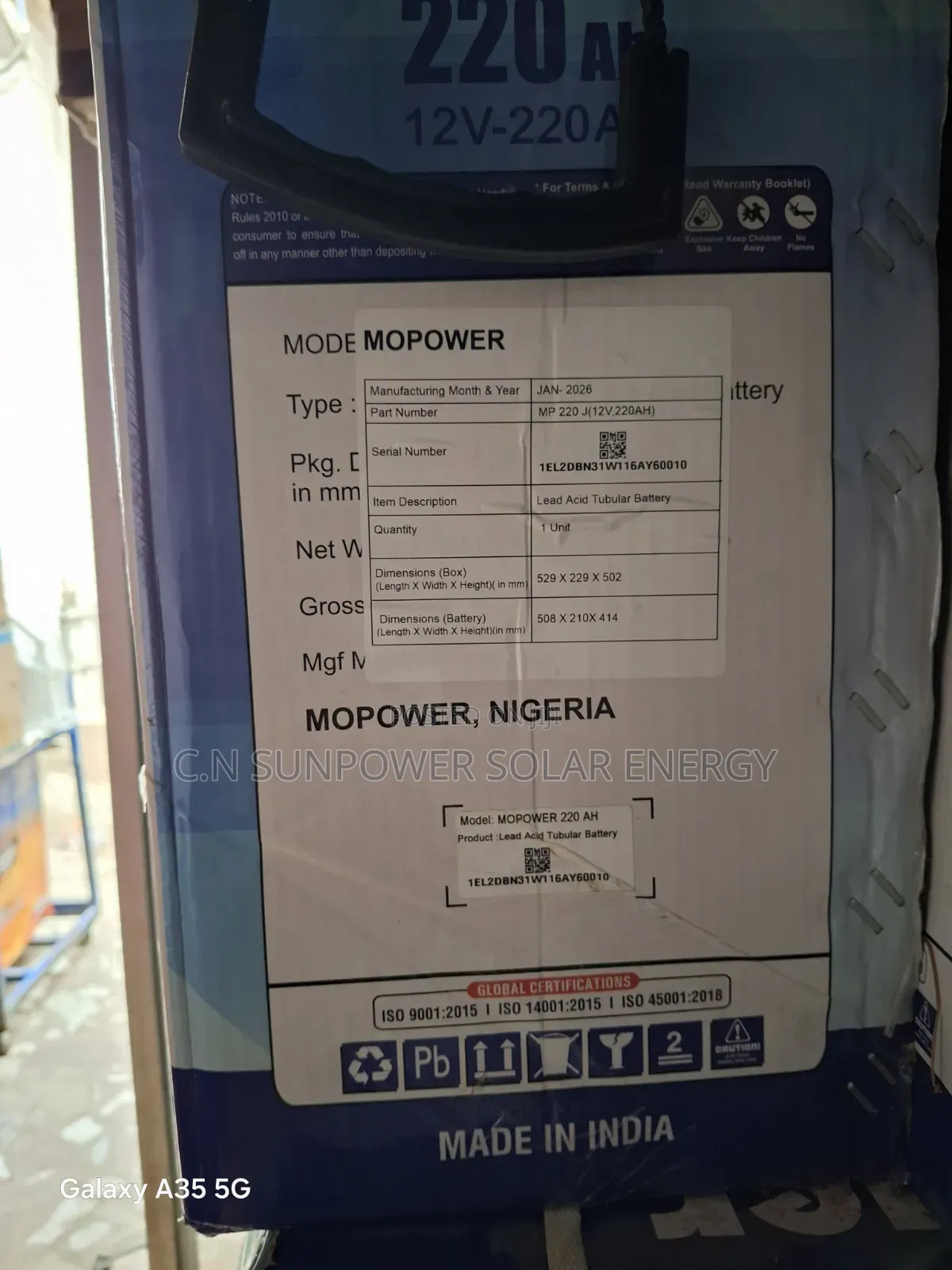 220ahs/12v Mopower Tubular Battery