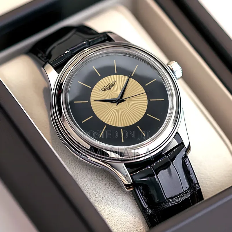 Black Leather Strap Unique Men’S Wrist Watch With Case (Yellow Face)