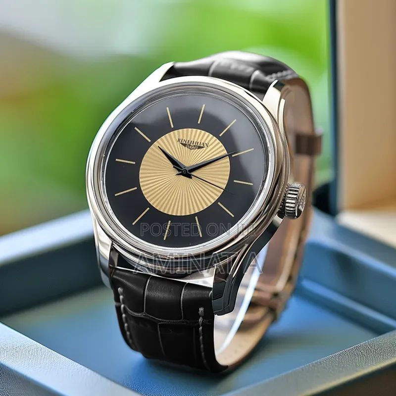 Black Leather Strap Unique Men’S Wrist Watch With Case (Yellow Face)