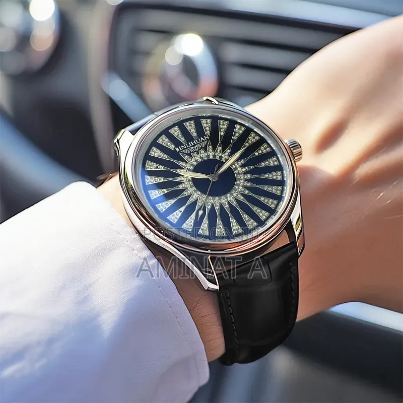 Spin Dial Leather Strap Unique Men’S Wrist Watch With Case