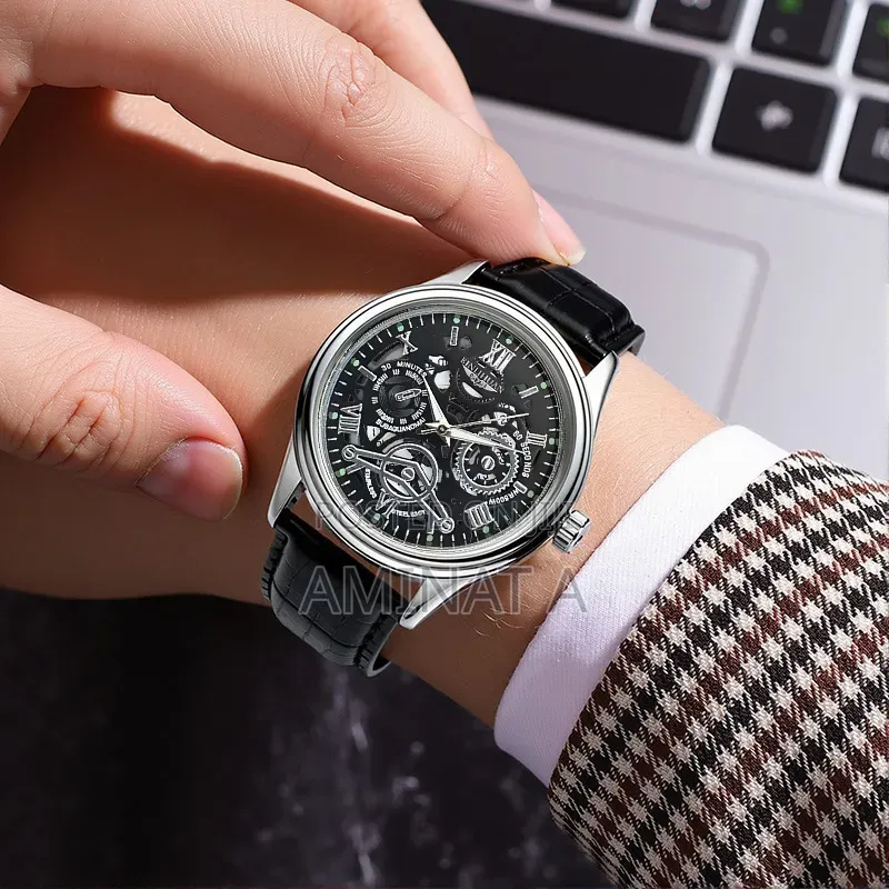 Imperial Black Luxury Leather Strap Unique Men’S Wrist Watch With Case